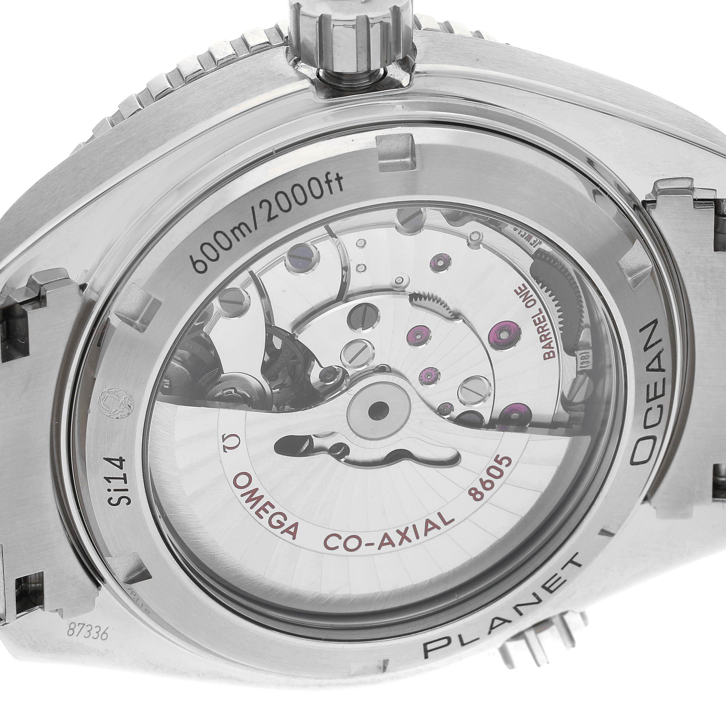 The image shows the back view of an Omega Planet Ocean 232.30.44.22.01.002 Men
s Stainless Steel Black Dial 232.30.44.22.01.002 Men
s Stainless Steel Black Dial watch, highlighting its transparent case back and internal movement.