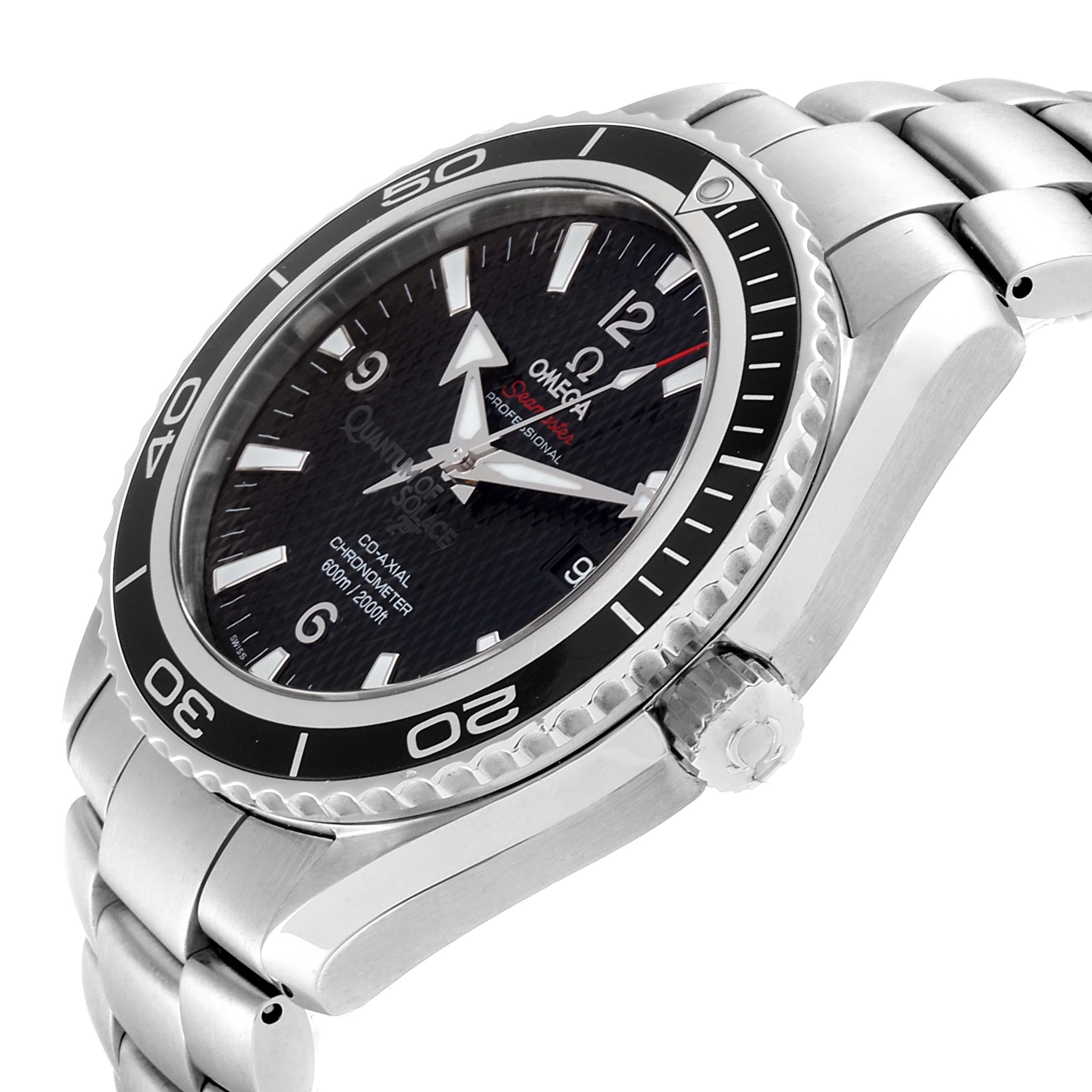 The Omega Planet Ocean 222.30.46.20.01.001 Men
s Stainless Steel Black Dial 222.30.46.20.01.001 Men
s Stainless Steel Black Dial watch is shown from a three-quarter angle, highlighting the face, bezel, and part of the bracelet.