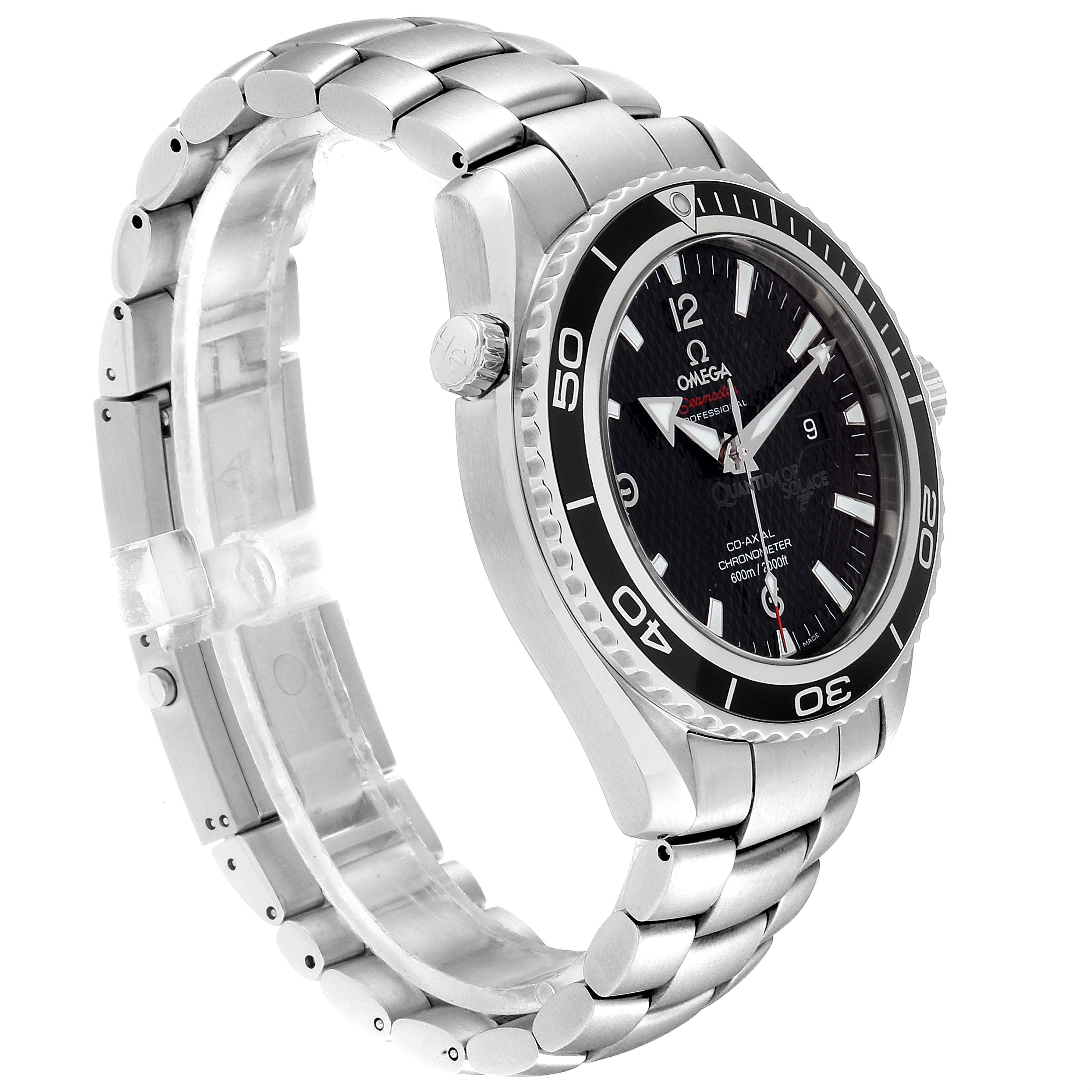 The image shows an Omega Planet Ocean 222.30.46.20.01.001 Men
s Stainless Steel Black Dial 222.30.46.20.01.001 Men
s Stainless Steel Black Dial watch angled from the right side, displaying its dial, bezel, crown, and metal bracelet.