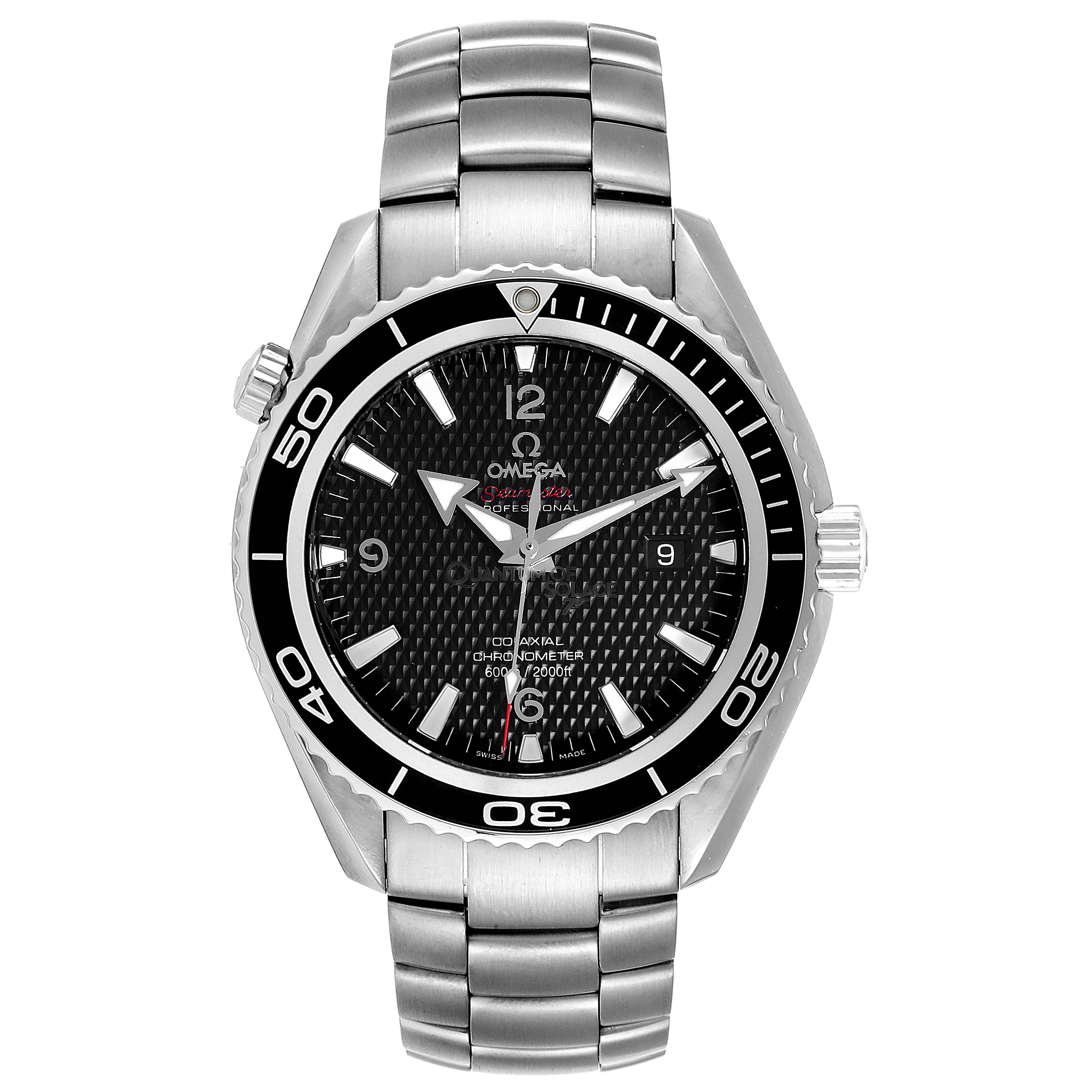 The image shows a front view of the Omega Planet Ocean 222.30.46.20.01.001 Men
s Stainless Steel Black Dial 222.30.46.20.01.001 Men
s Stainless Steel Black Dial watch, highlighting its face, bezel, and bracelet.