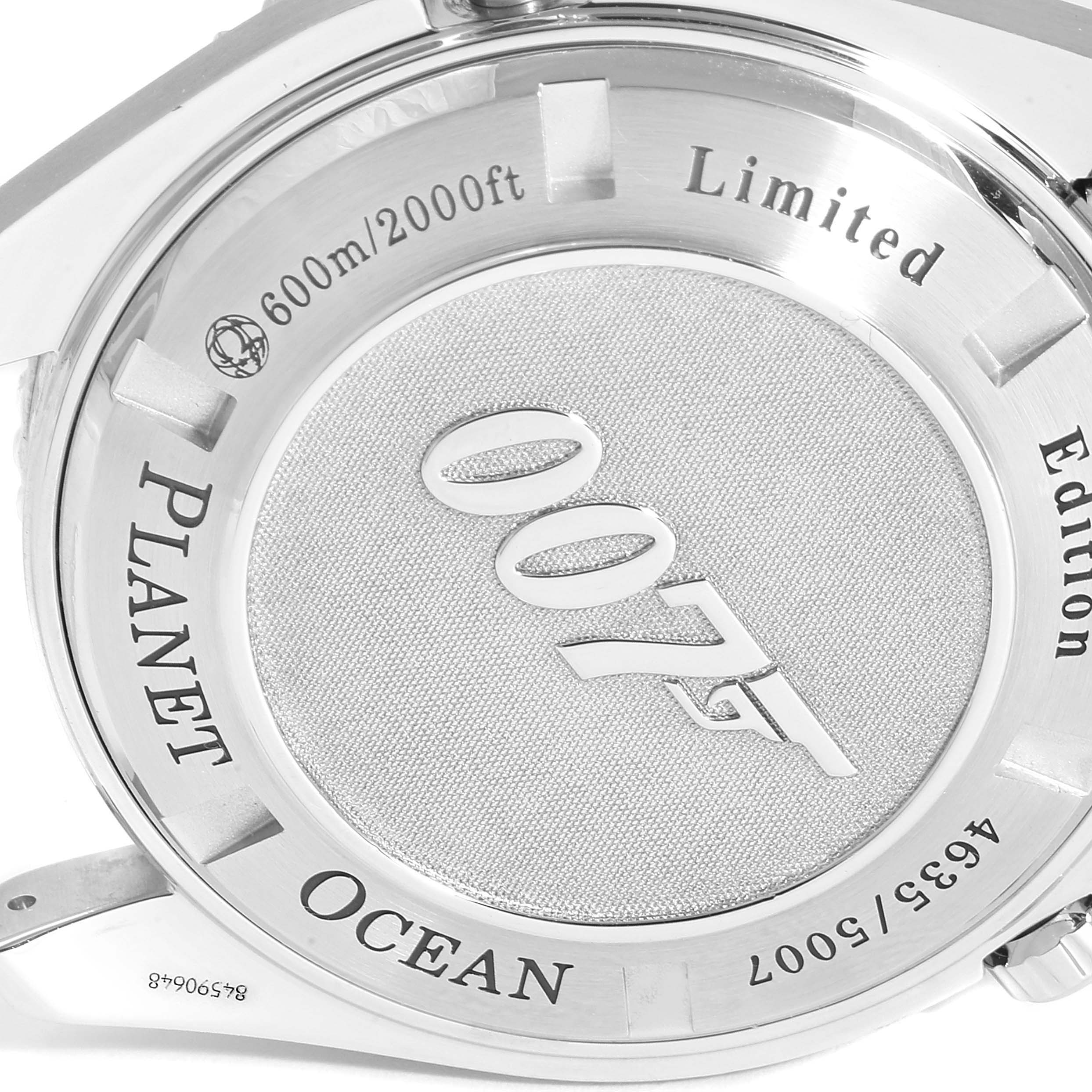 The image shows the case back of an Omega Planet Ocean 222.30.46.20.01.001 Men
s Stainless Steel Black Dial 222.30.46.20.01.001 Men
s Stainless Steel Black Dial watch, indicating it
s a limited edition and water-resistant to 600m/2000ft.