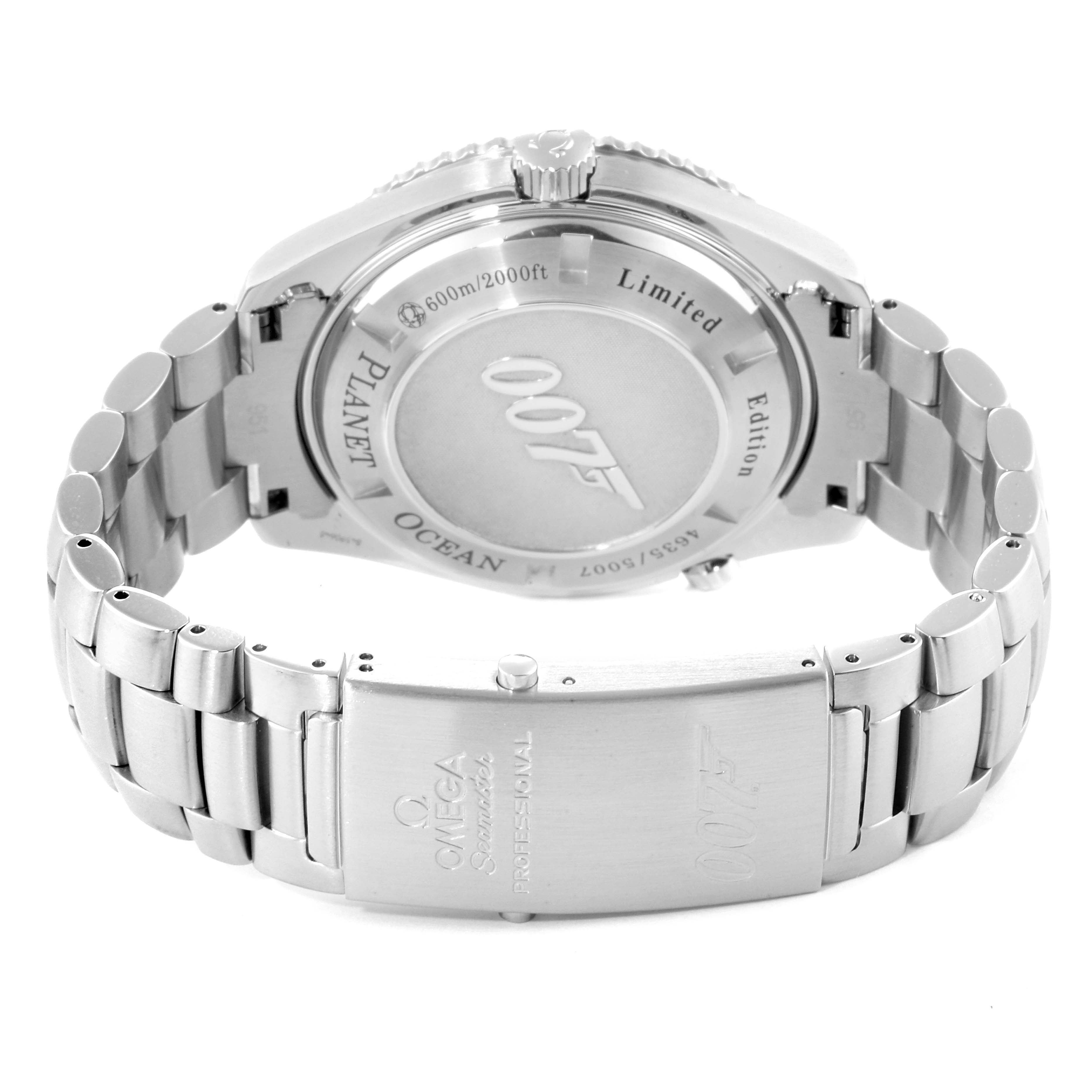 The image shows the back case and bracelet clasp of the Omega Planet Ocean 222.30.46.20.01.001 Men
s Stainless Steel Black Dial 222.30.46.20.01.001 Men
s Stainless Steel Black Dial watch.