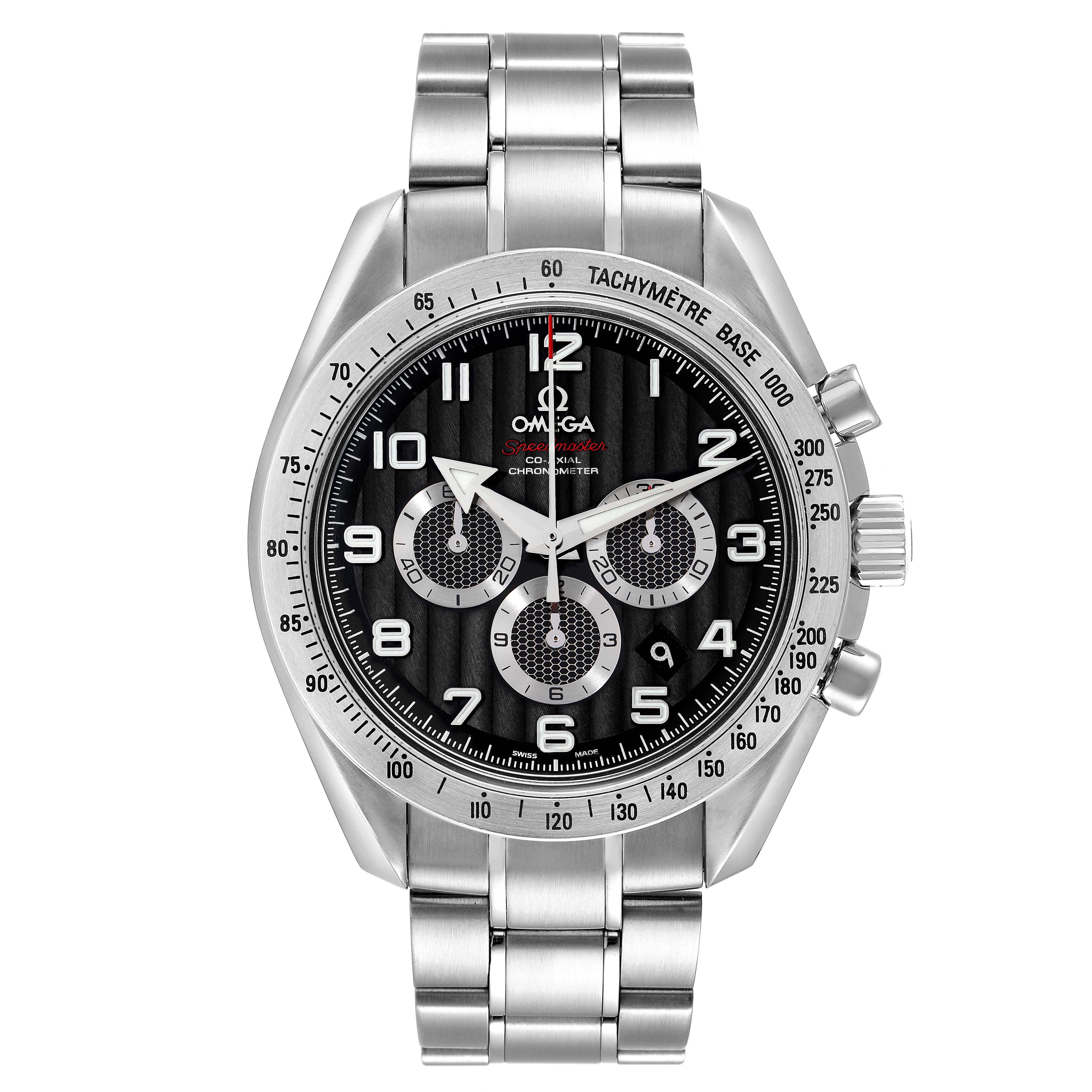 The Omega Speedmaster 321.10.44.50.01.001 Men
s Stainless Steel Black Dial 321.10.44.50.01.001 Men
s Stainless Steel Black Dial Broad Arrow watch is shown from the front, displaying its dial, bezel, bracelet, and pushers.