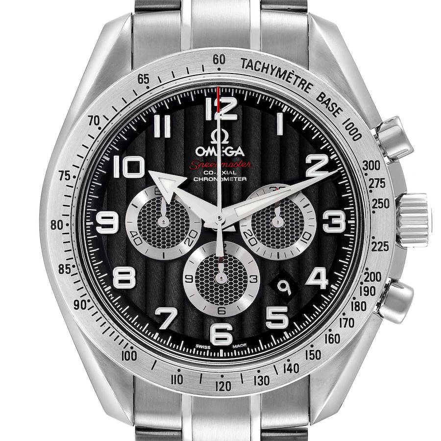 The Omega Speedmaster Broad Arrow Steel Men's Watch is shown from the front, displaying the face, bezel, and bracelet.