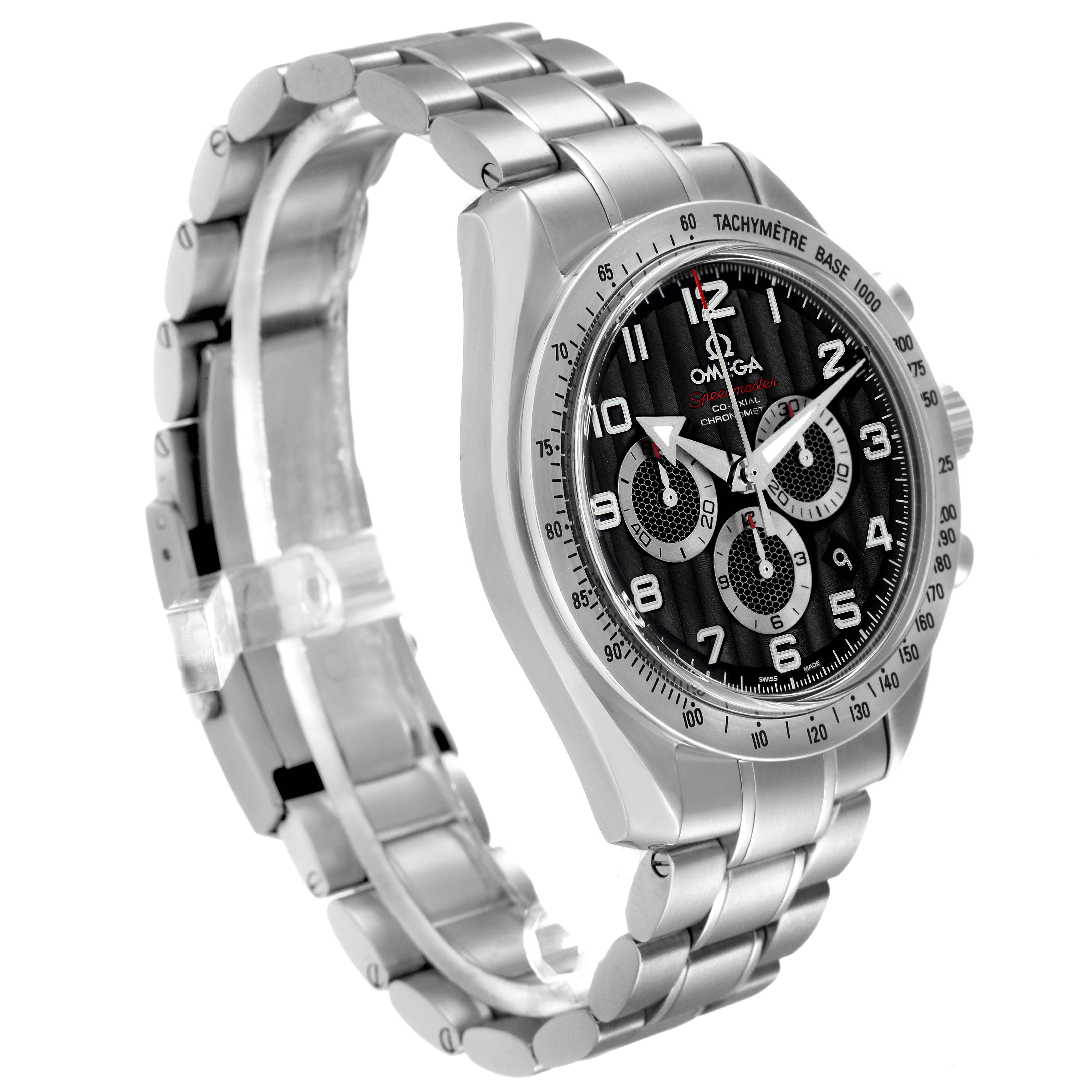 The Omega Speedmaster 321.10.44.50.01.001 Men
s Stainless Steel Black Dial 321.10.44.50.01.001 Men
s Stainless Steel Black Dial Broad Arrow is shown at a three-quarter angle, highlighting the dial, bezel, and bracelet.