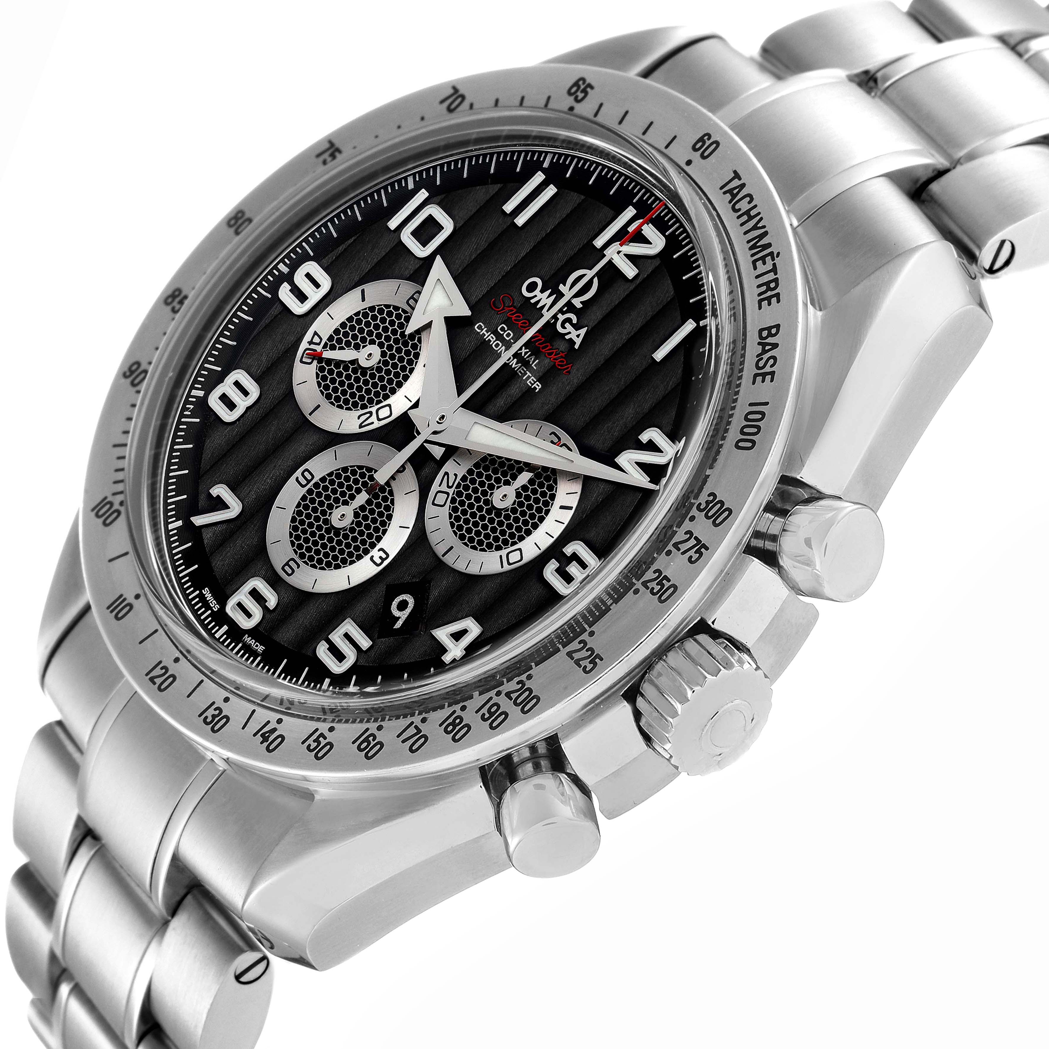 The Omega Speedmaster 321.10.44.50.01.001 Men
s Stainless Steel Black Dial 321.10.44.50.01.001 Men
s Stainless Steel Black Dial Broad Arrow Steel Mens Watch 321.10.44.50.01.001 is angled to show its dial, bracelet, crown, and pushers.