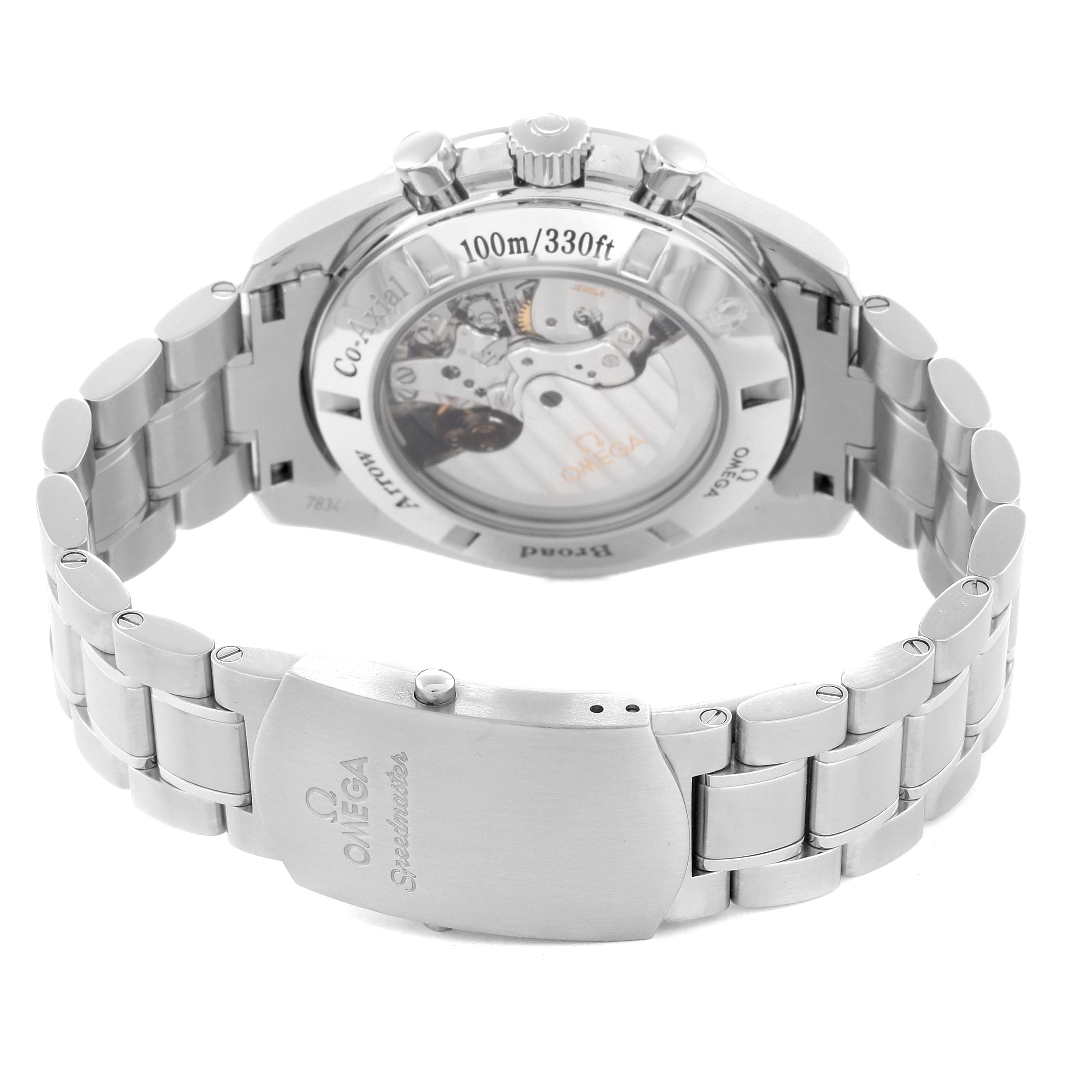 The Omega Speedmaster 321.10.44.50.01.001 Men
s Stainless Steel Black Dial 321.10.44.50.01.001 Men
s Stainless Steel Black Dial Broad Arrow Steel Men
s Watch is shown from the back, highlighting the transparent case back and bracelet clasp.