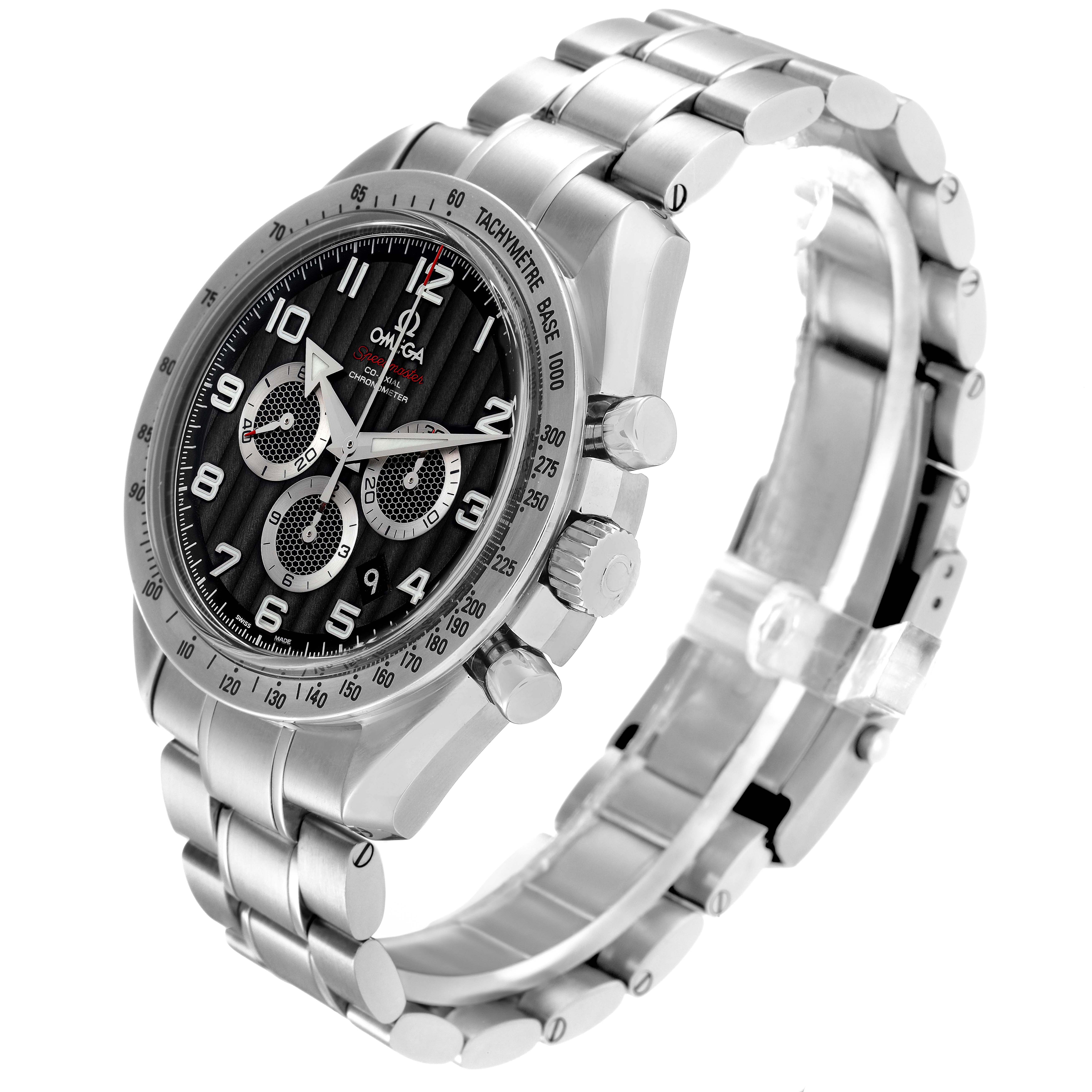 The Omega Speedmaster 321.10.44.50.01.001 Men
s Stainless Steel Black Dial 321.10.44.50.01.001 Men
s Stainless Steel Black Dial Broad Arrow is shown at a three-quarter angle, highlighting the face, bezel, crown, and stainless steel bracelet.