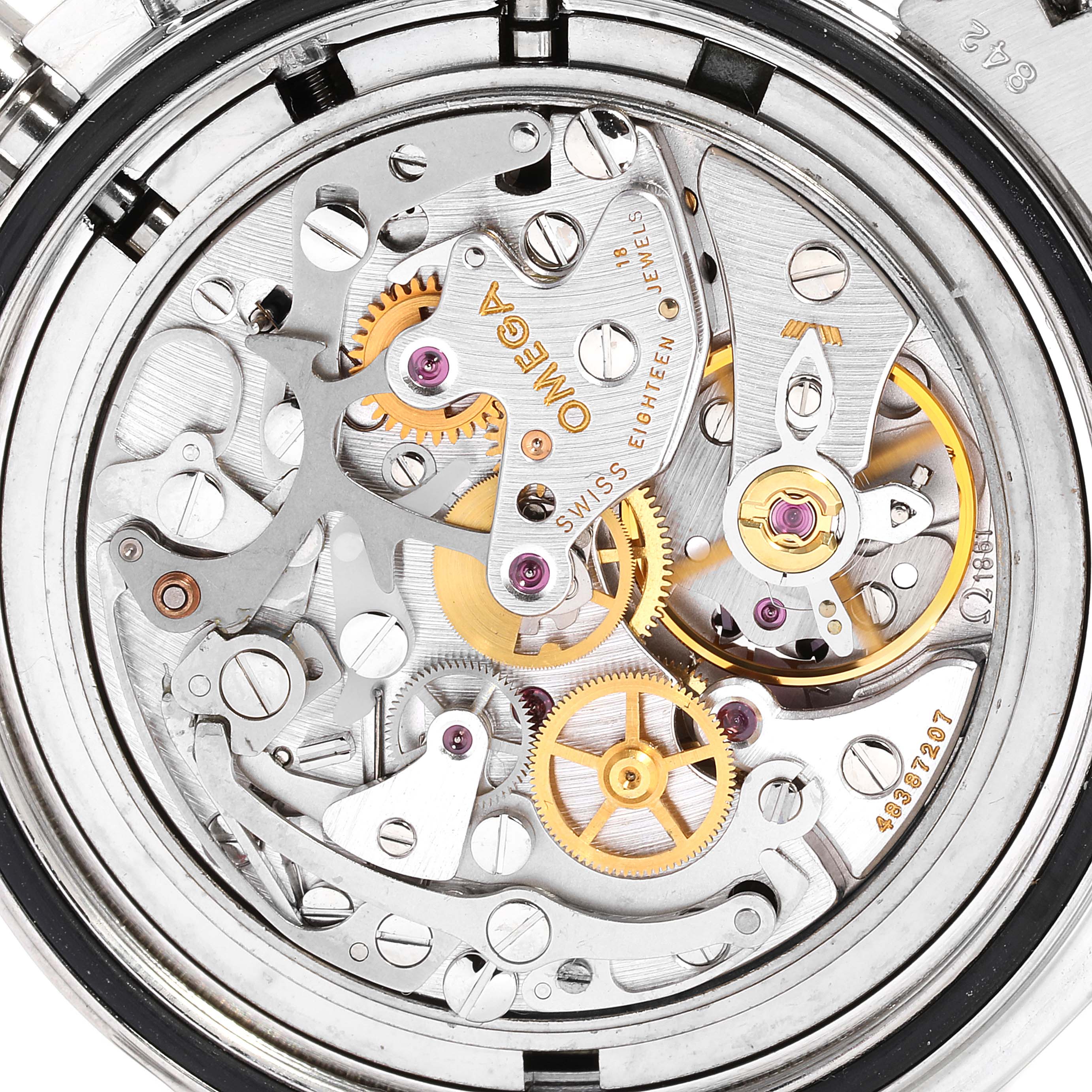 This image shows the intricate movement and mechanics of the Omega Speedmaster 3570.50.00 Men
s Stainless Steel Black Dial 3570.50.00 Men
s Stainless Steel Black Dial watch viewed from the back.