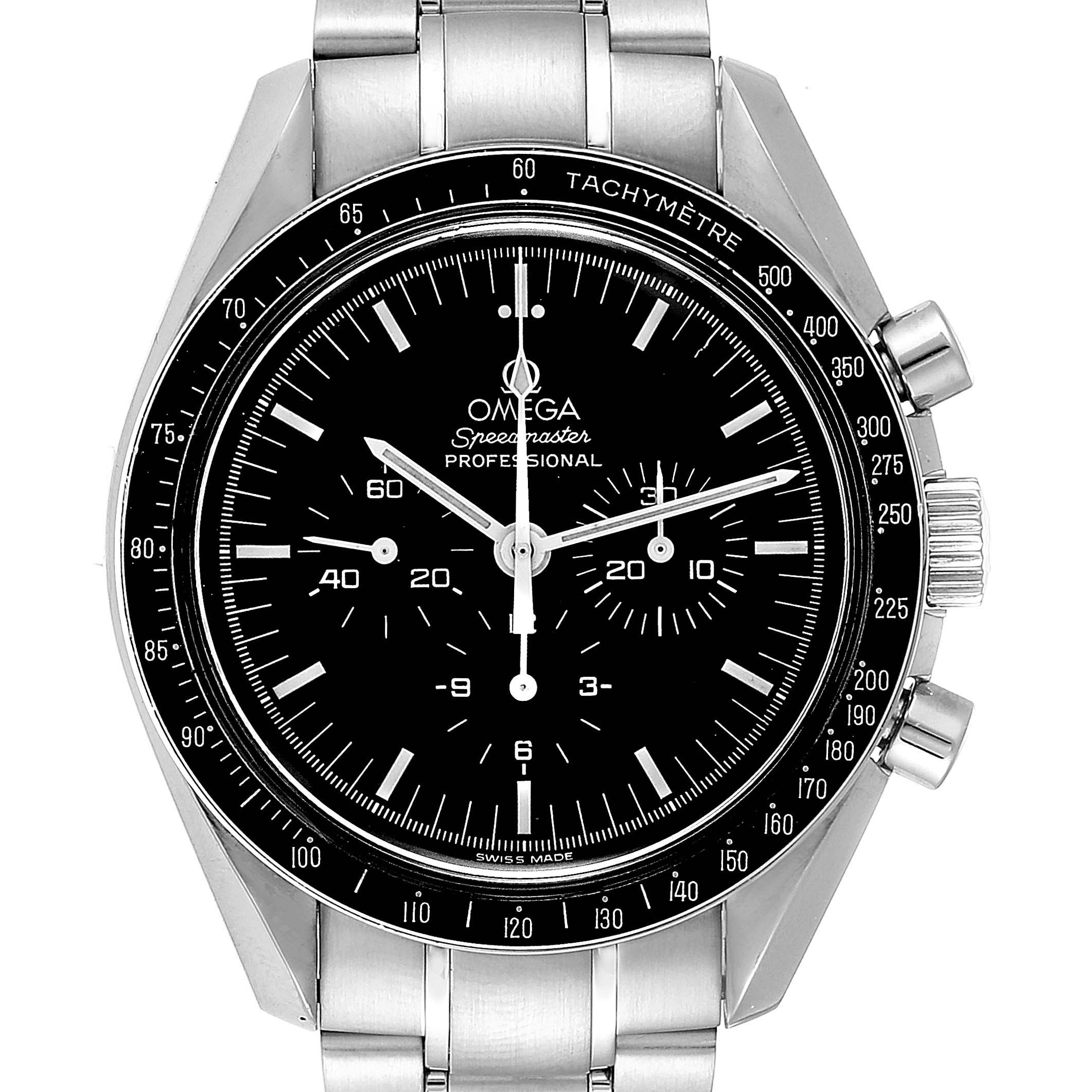 The image shows a front view of the Omega Speedmaster 3570.50.00 Men
s Stainless Steel Black Dial 3570.50.00 Men
s Stainless Steel Black Dial watch with its face, bezel, and stainless steel bracelet visible.