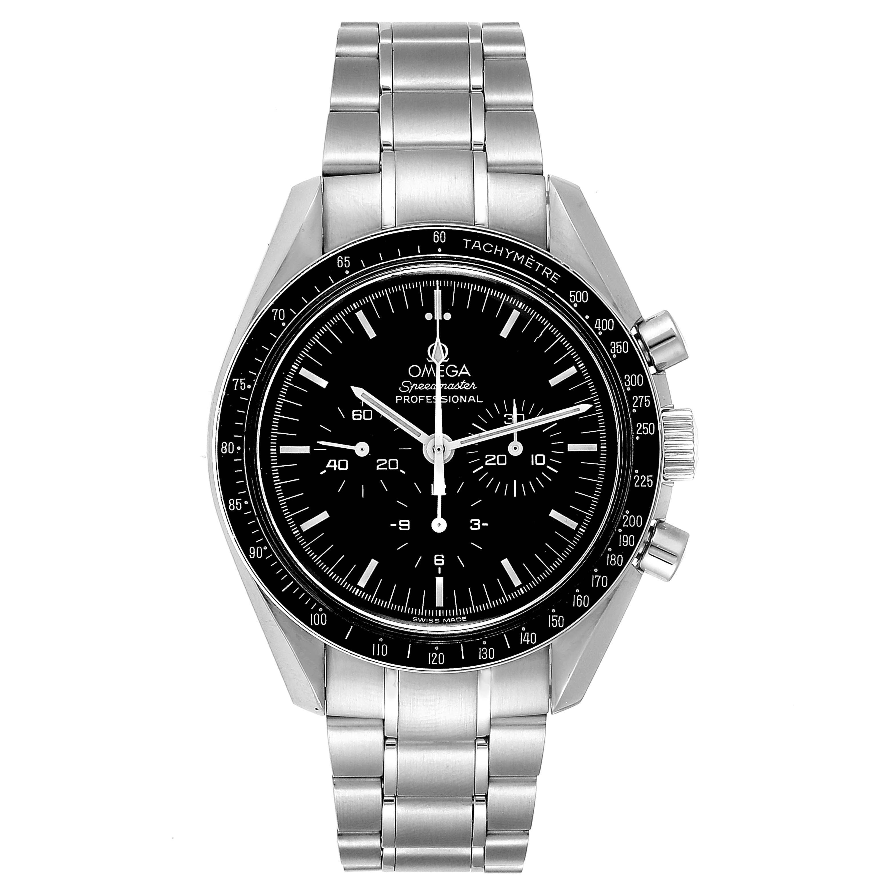 The image shows a frontal view of the Omega Speedmaster 3570.50.00 Men
s Stainless Steel Black Dial 3570.50.00 Men
s Stainless Steel Black Dial watch, highlighting its dial, tachymeter bezel, and stainless steel bracelet.