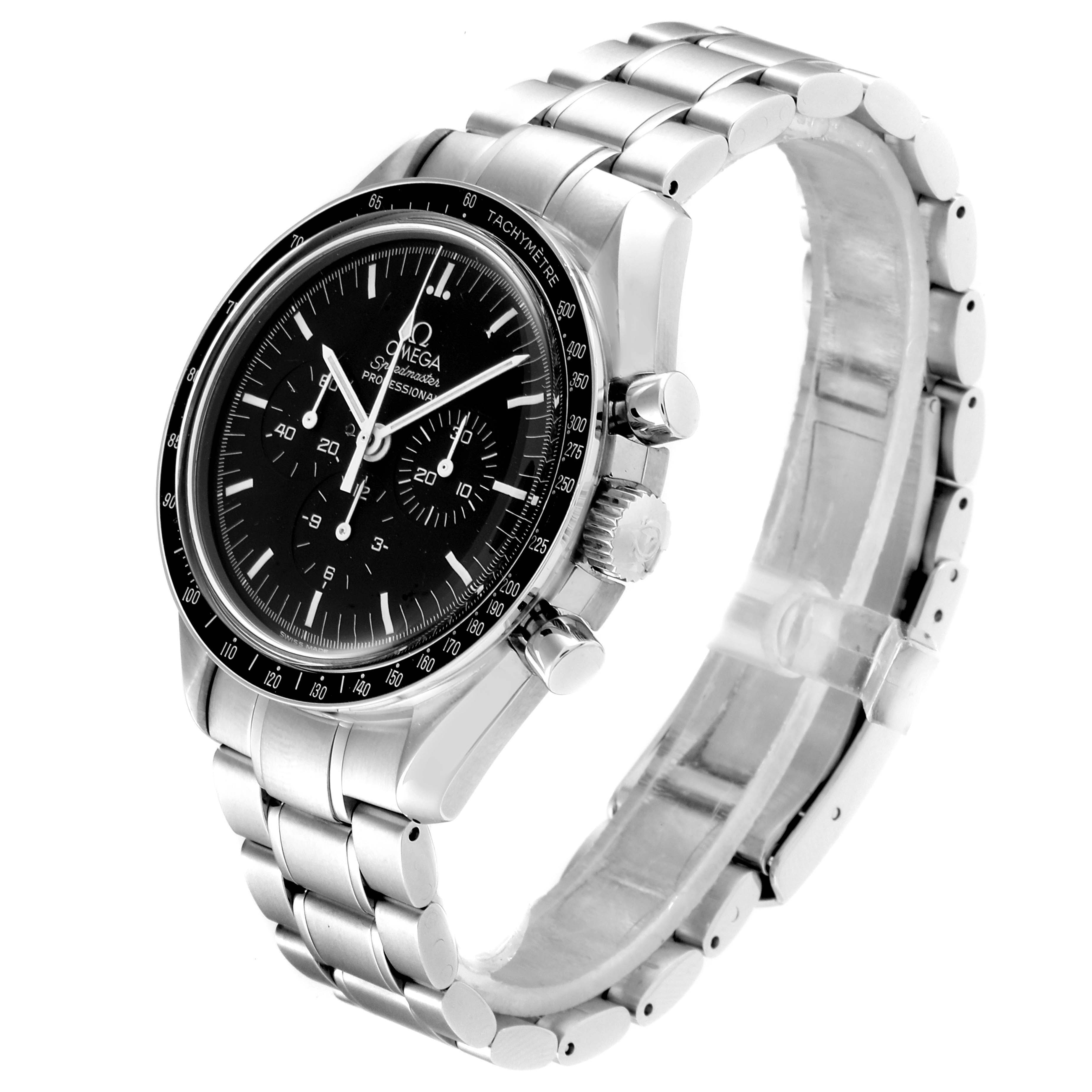 This image shows an angled view of the Omega Speedmaster 3570.50.00 Men
s Stainless Steel Black Dial 3570.50.00 Men
s Stainless Steel Black Dial watch, displaying its face, bezel, crown, pushers, and metal bracelet.