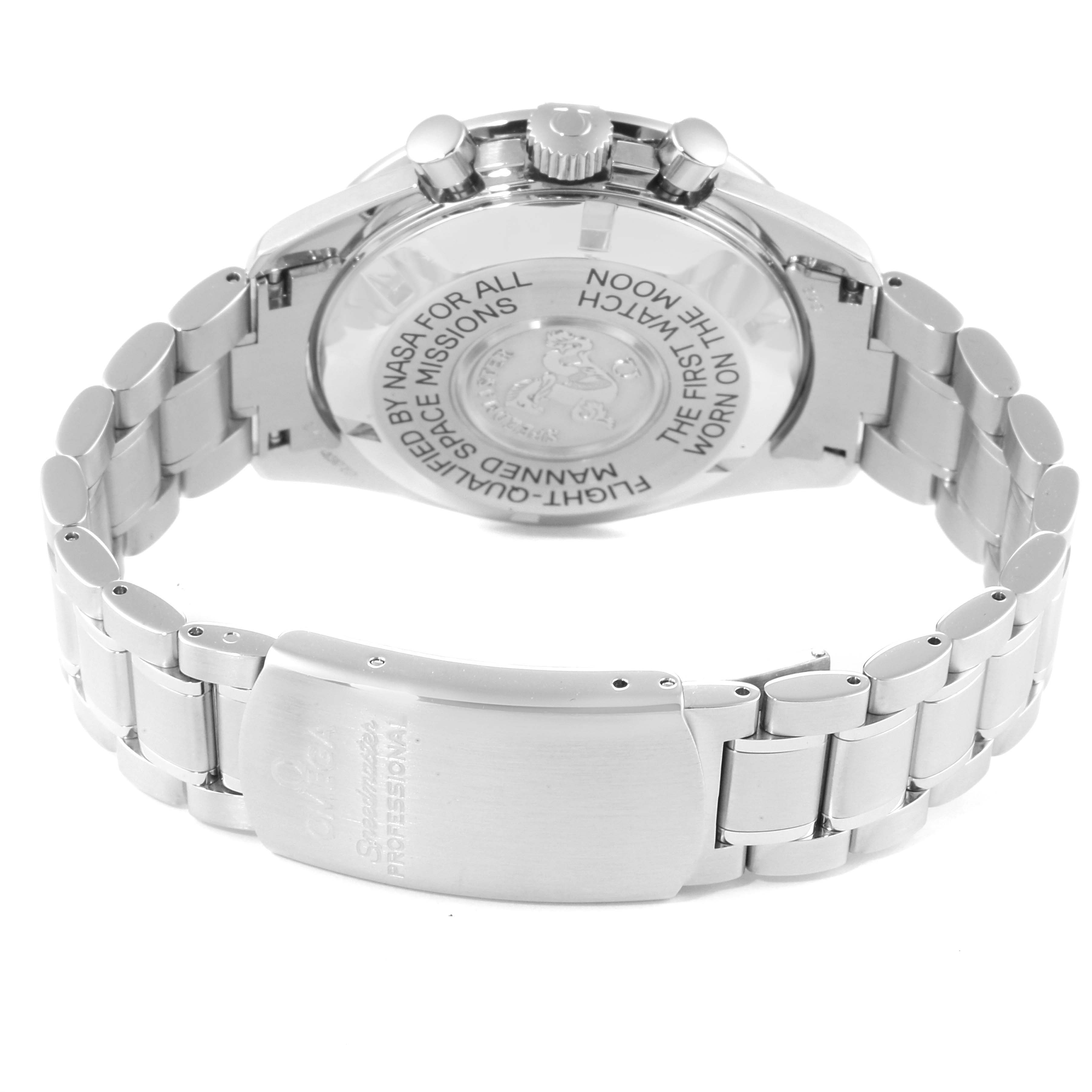 The image shows the back case and bracelet of the Omega Speedmaster 3570.50.00 Men
s Stainless Steel Black Dial 3570.50.00 Men
s Stainless Steel Black Dial watch, highlighting the engraved details.