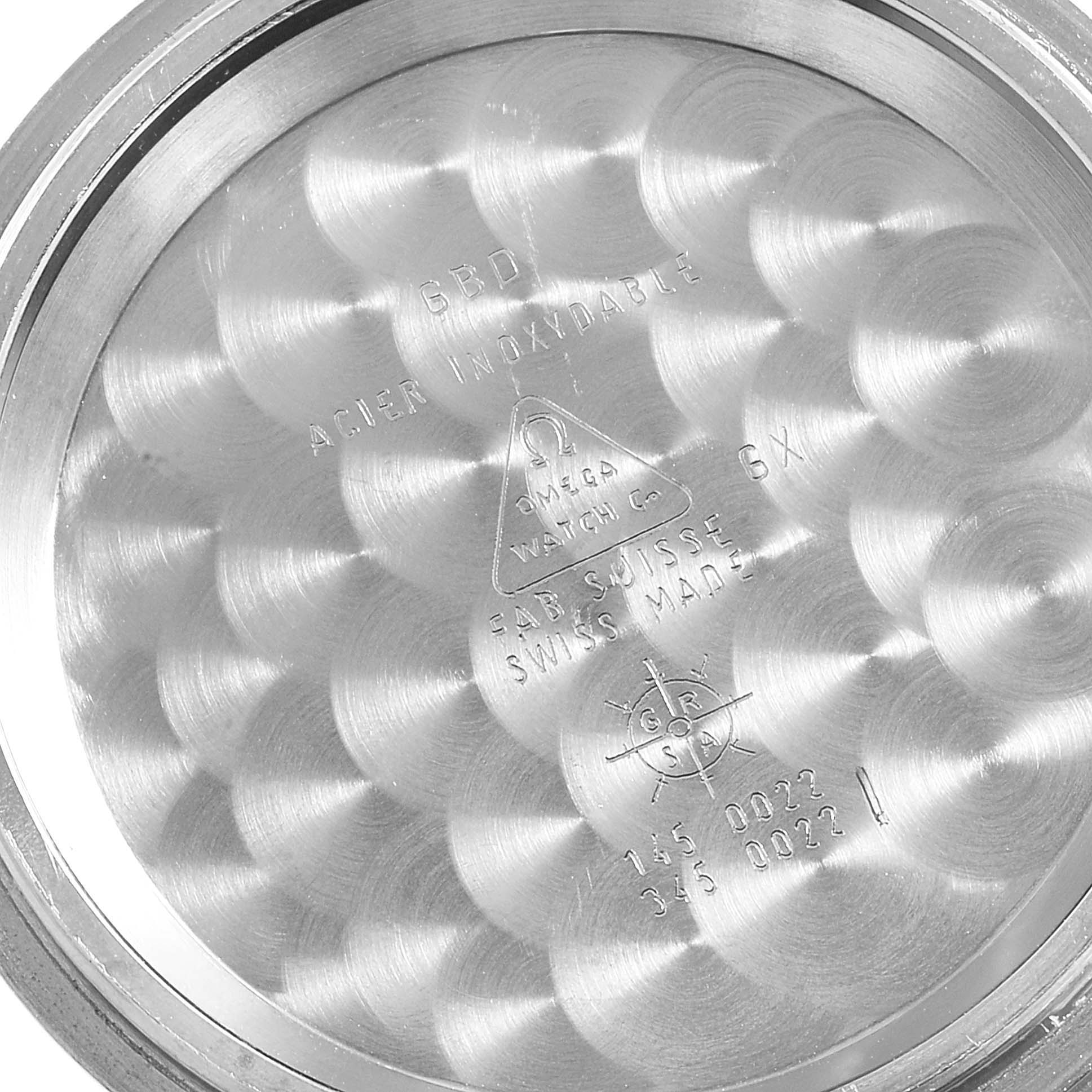 This image shows the inside case back of an Omega Speedmaster 3570.50.00 Men
s Stainless Steel Black Dial 3570.50.00 Men
s Stainless Steel Black Dial watch with engraved specifications.