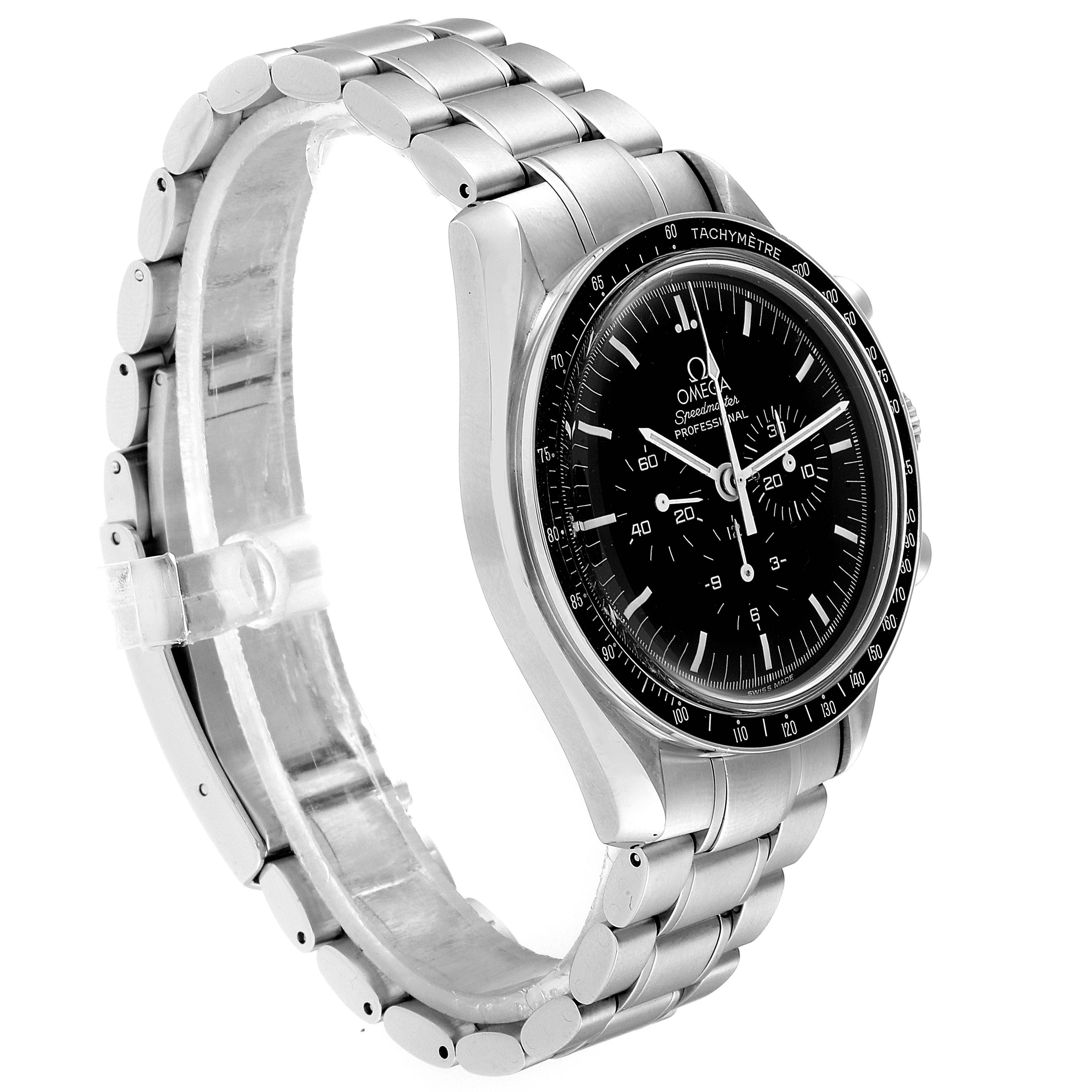 The Omega Speedmaster 3570.50.00 Men
s Stainless Steel Black Dial 3570.50.00 Men
s Stainless Steel Black Dial watch is shown in a side-angle view, highlighting the stainless steel bracelet and black dial.