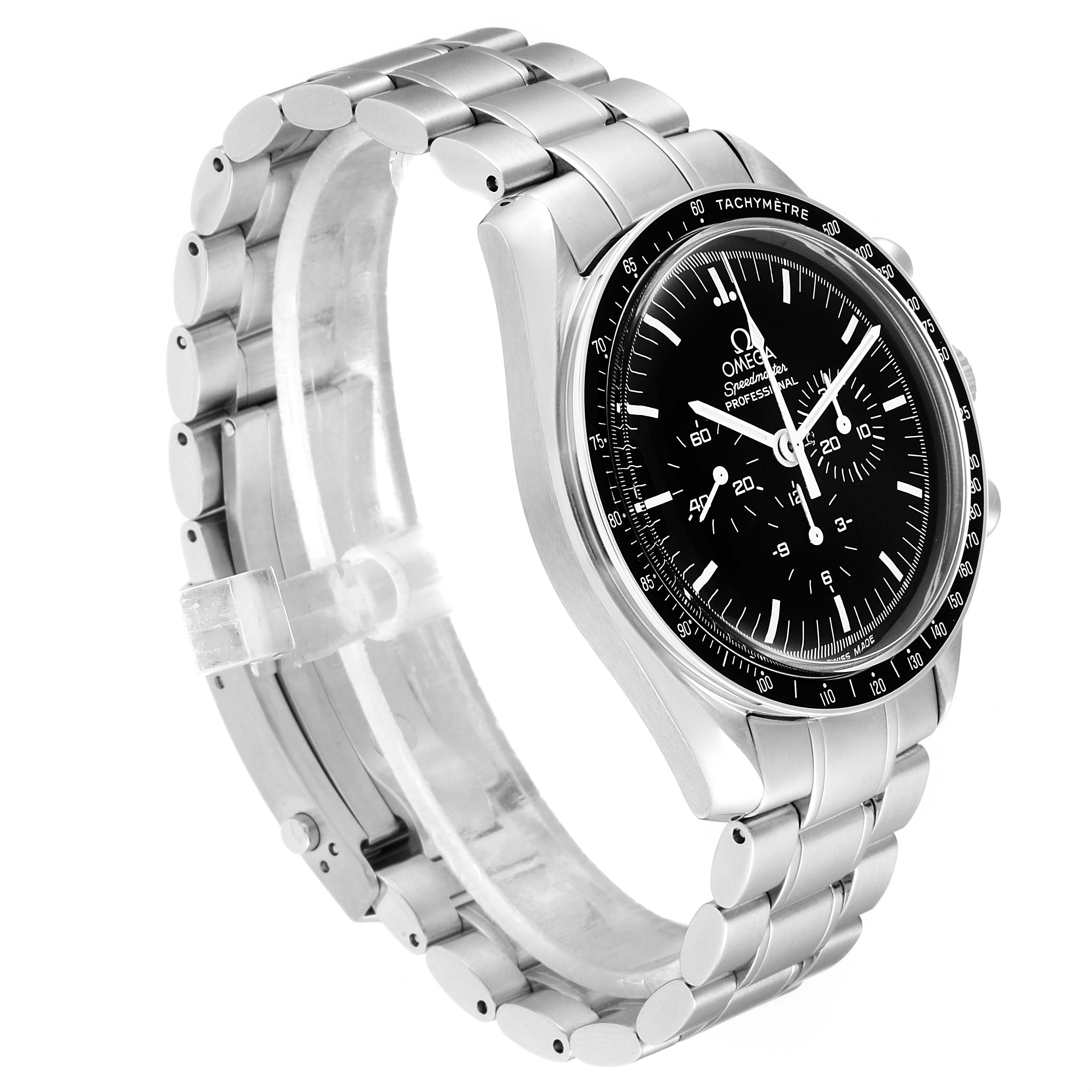 The image shows an angled side view of an Omega Speedmaster 3570.50.00 Men
s Stainless Steel Black Dial 3570.50.00 Men
s Stainless Steel Black Dial watch, highlighting the watch face and stainless steel bracelet.