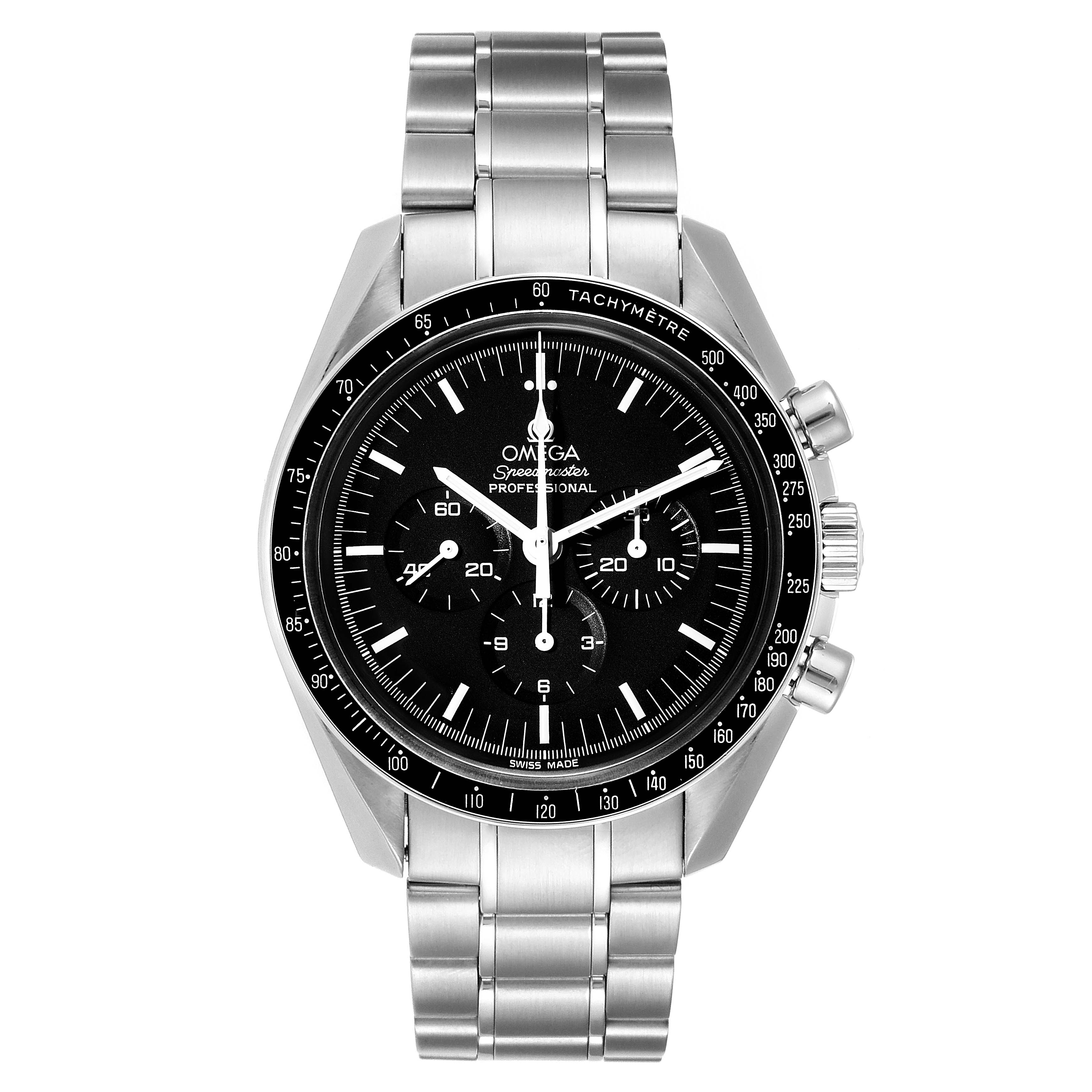 The image shows a front view of the Omega Speedmaster 3570.50.00 Men
s Stainless Steel Black Dial 3570.50.00 Men
s Stainless Steel Black Dial Professional watch with a stainless steel bracelet and black dial.
