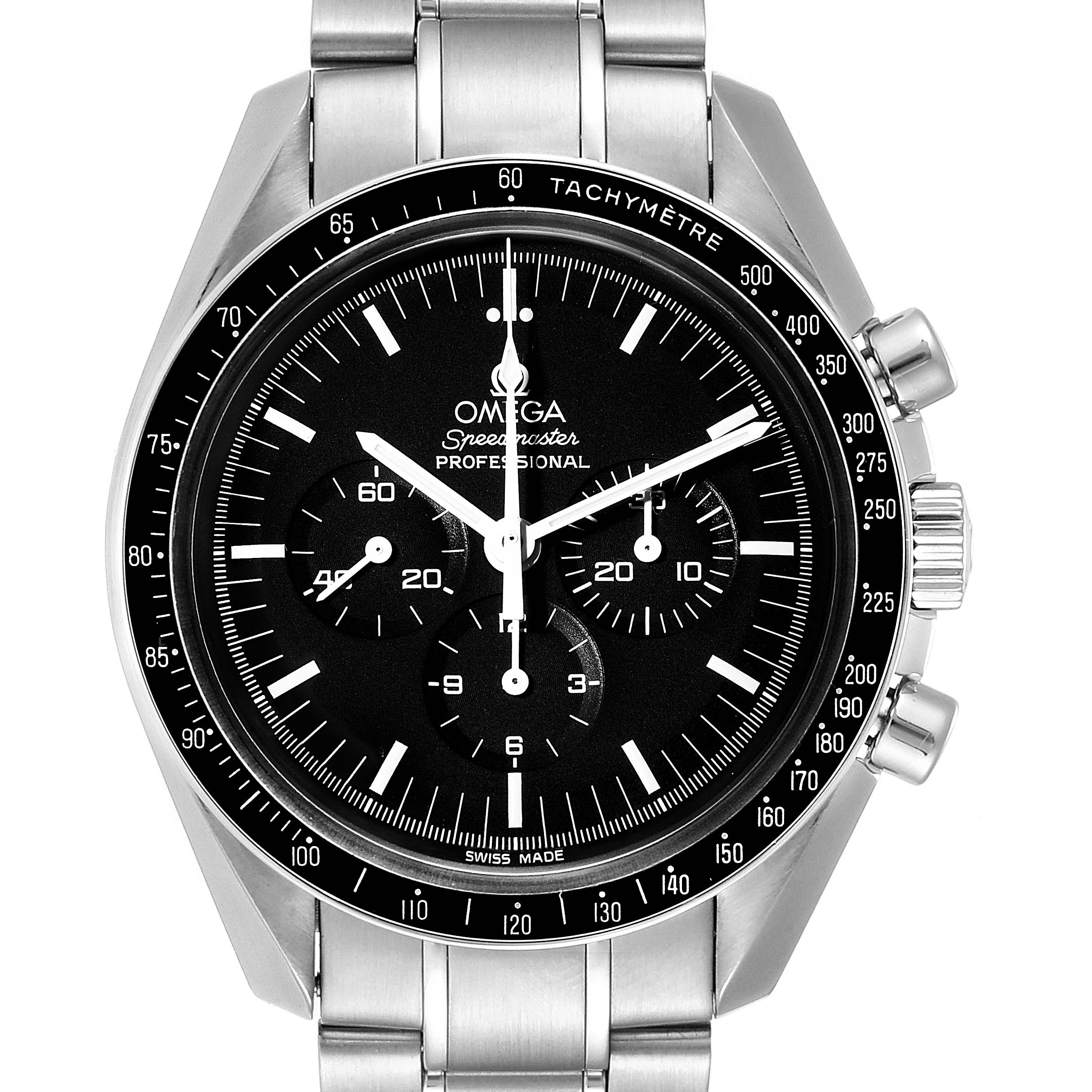 The Omega Speedmaster 3570.50.00 Men
s Stainless Steel Black Dial 3570.50.00 Men
s Stainless Steel Black Dial watch is shown from a front angle, displaying its face, bezel, and bracelet.