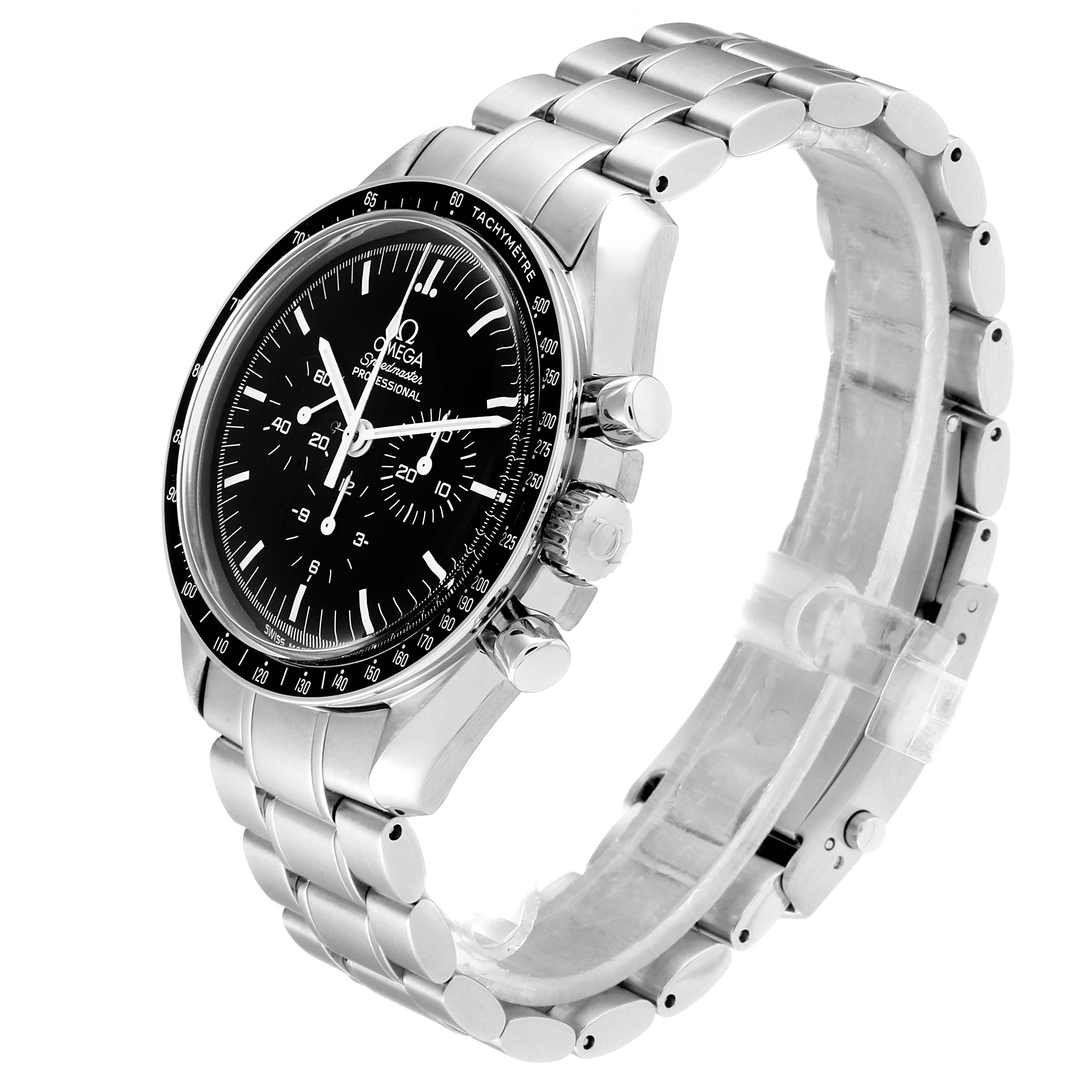 The image shows an Omega Speedmaster 3570.50.00 Men
s Stainless Steel Black Dial 3570.50.00 Men
s Stainless Steel Black Dial watch at a three-quarter angle, featuring its black dial, chronograph buttons, and stainless steel band.