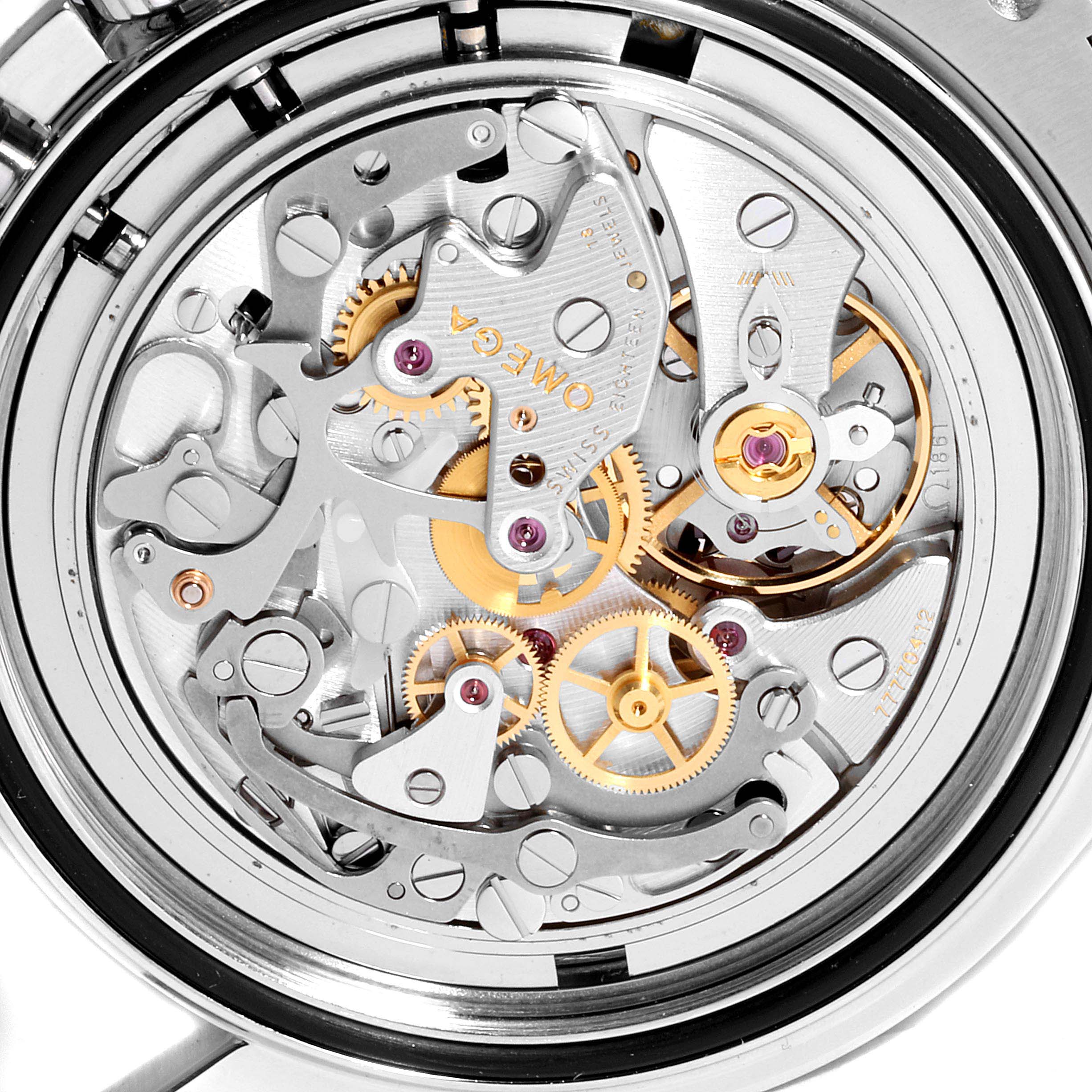 The image shows the internal mechanical movement of the Omega Speedmaster 3570.50.00 Men
s Stainless Steel Black Dial 3570.50.00 Men
s Stainless Steel Black Dial watch from a close-up angle.