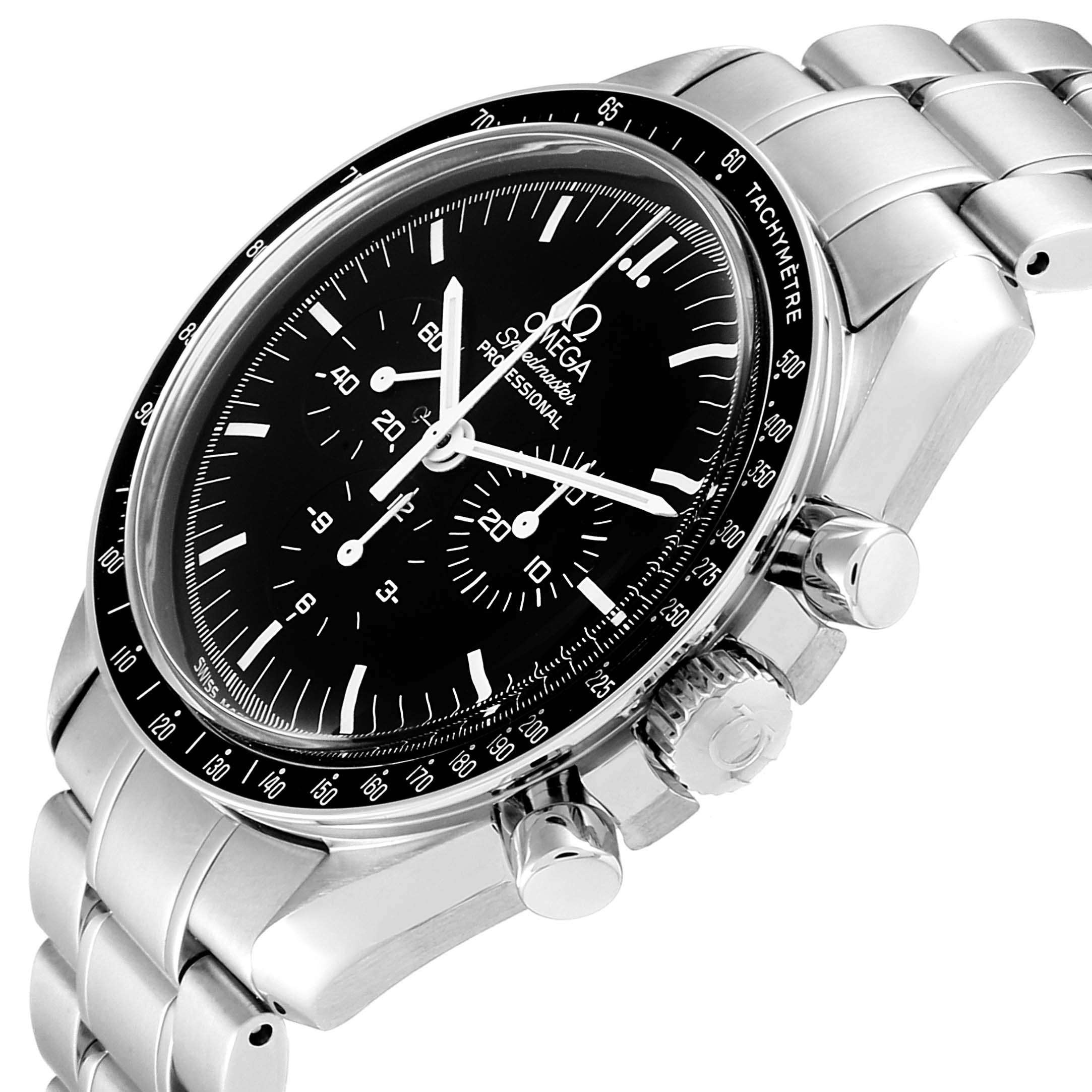 The Omega Speedmaster 3570.50.00 Men
s Stainless Steel Black Dial 3570.50.00 Men
s Stainless Steel Black Dial watch is shown at an angle emphasizing its dial, bezel, crown, and pushers.