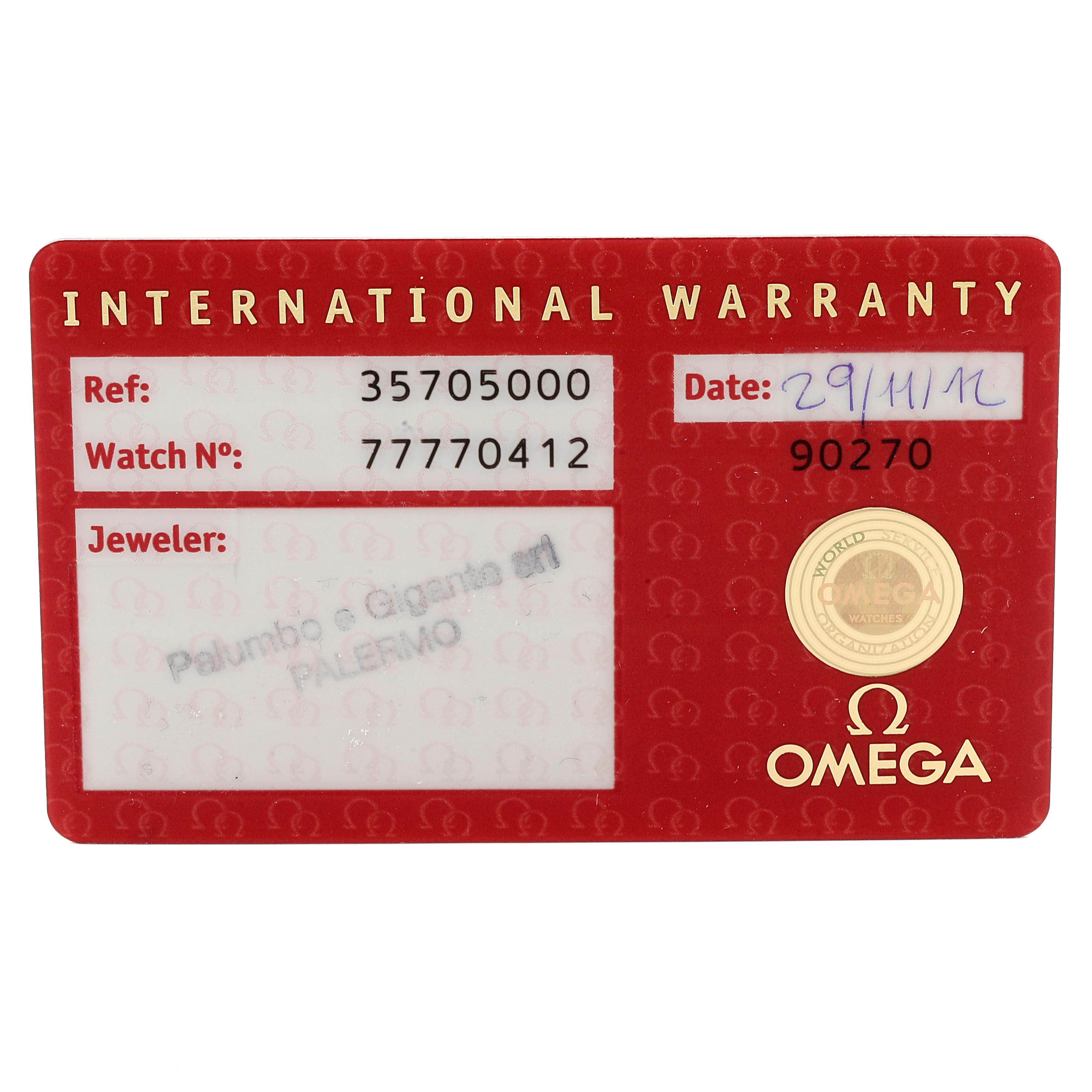 The image shows the international warranty card for an Omega Speedmaster 3570.50.00 Men
s Stainless Steel Black Dial 3570.50.00 Men
s Stainless Steel Black Dial watch, with reference and watch numbers, date, and jeweler
s information.