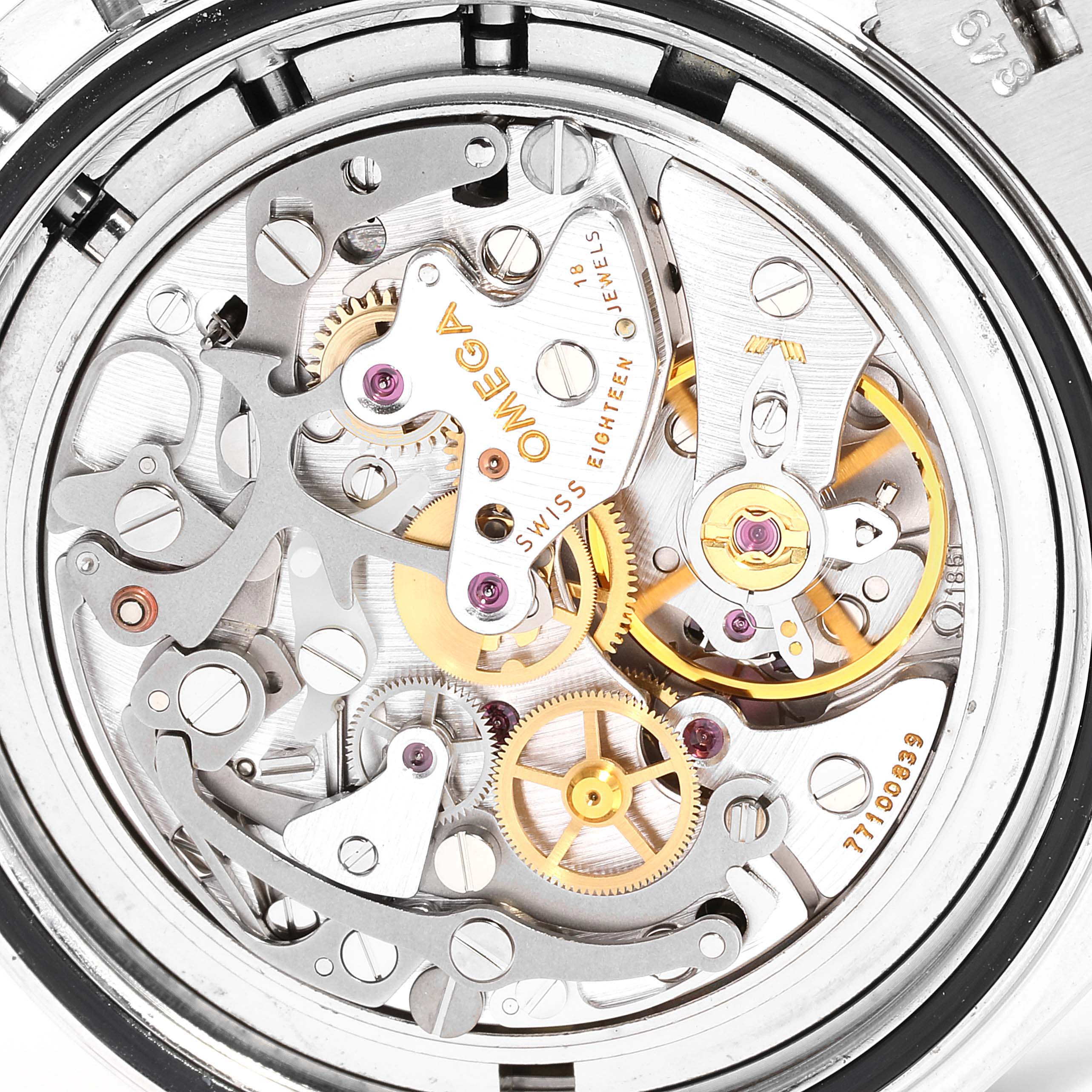 This image shows the inner mechanical movement of the Omega Speedmaster 3570.50.00 Men
s Stainless Steel Black Dial 3570.50.00 Men
s Stainless Steel Black Dial watch from a close-up, back view angle.