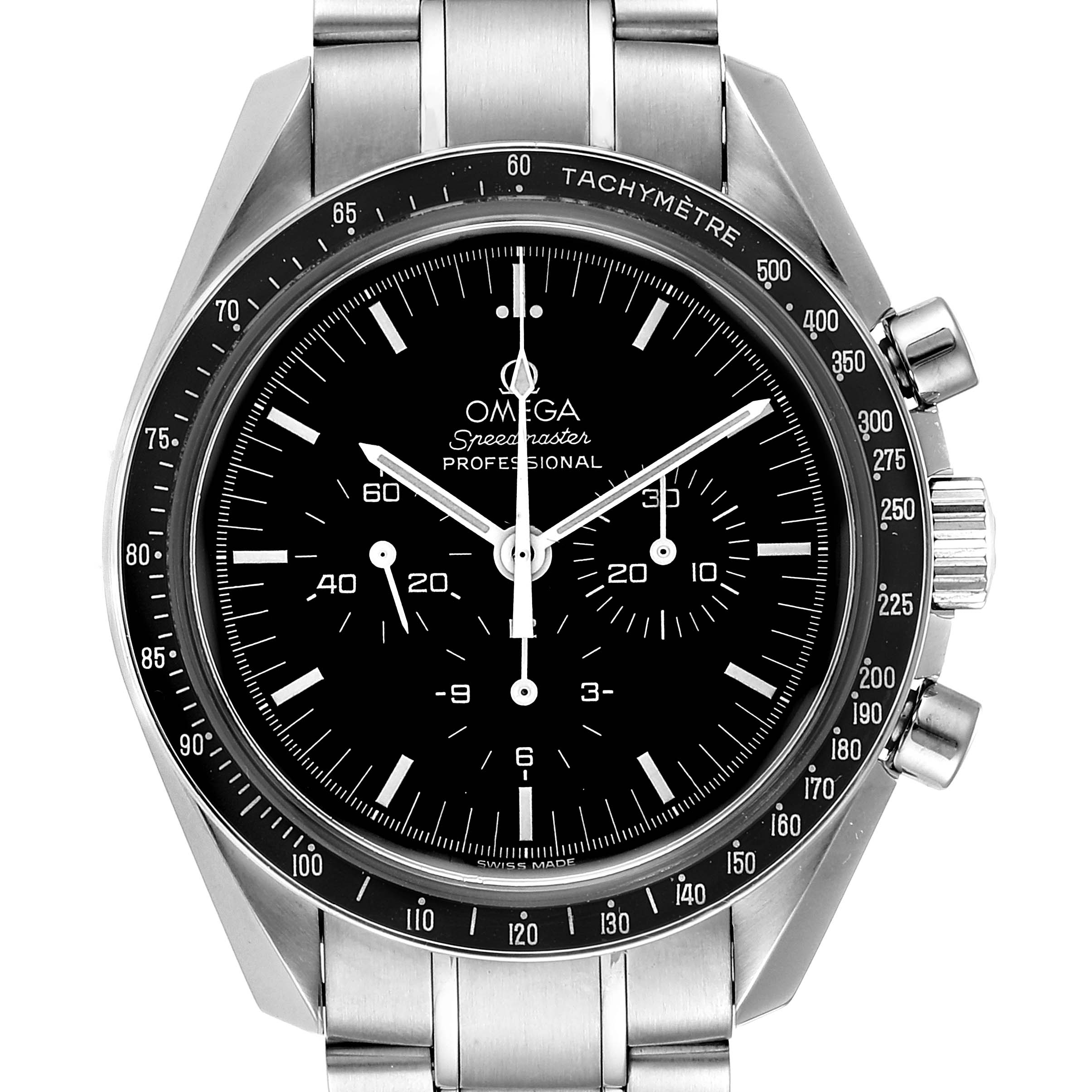 The Omega Speedmaster 3570.50.00 Men
s Stainless Steel Black Dial 3570.50.00 Men
s Stainless Steel Black Dial watch is shown from a front angle, featuring the bezel, dial, hands, and part of the bracelet.