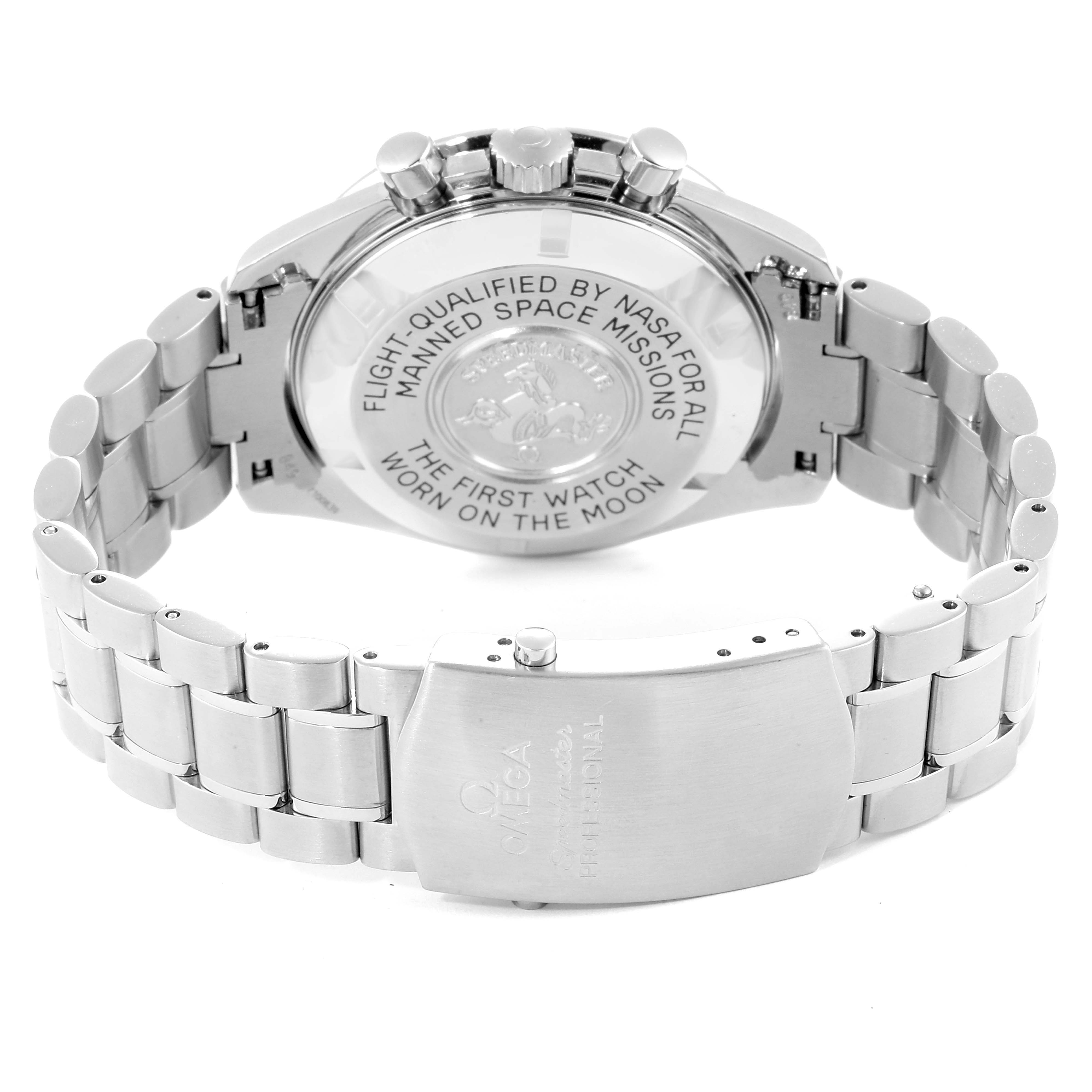 The image shows the back case and metal bracelet of an Omega Speedmaster 3570.50.00 Men
s Stainless Steel Black Dial 3570.50.00 Men
s Stainless Steel Black Dial watch, including the engraved case back and clasp.