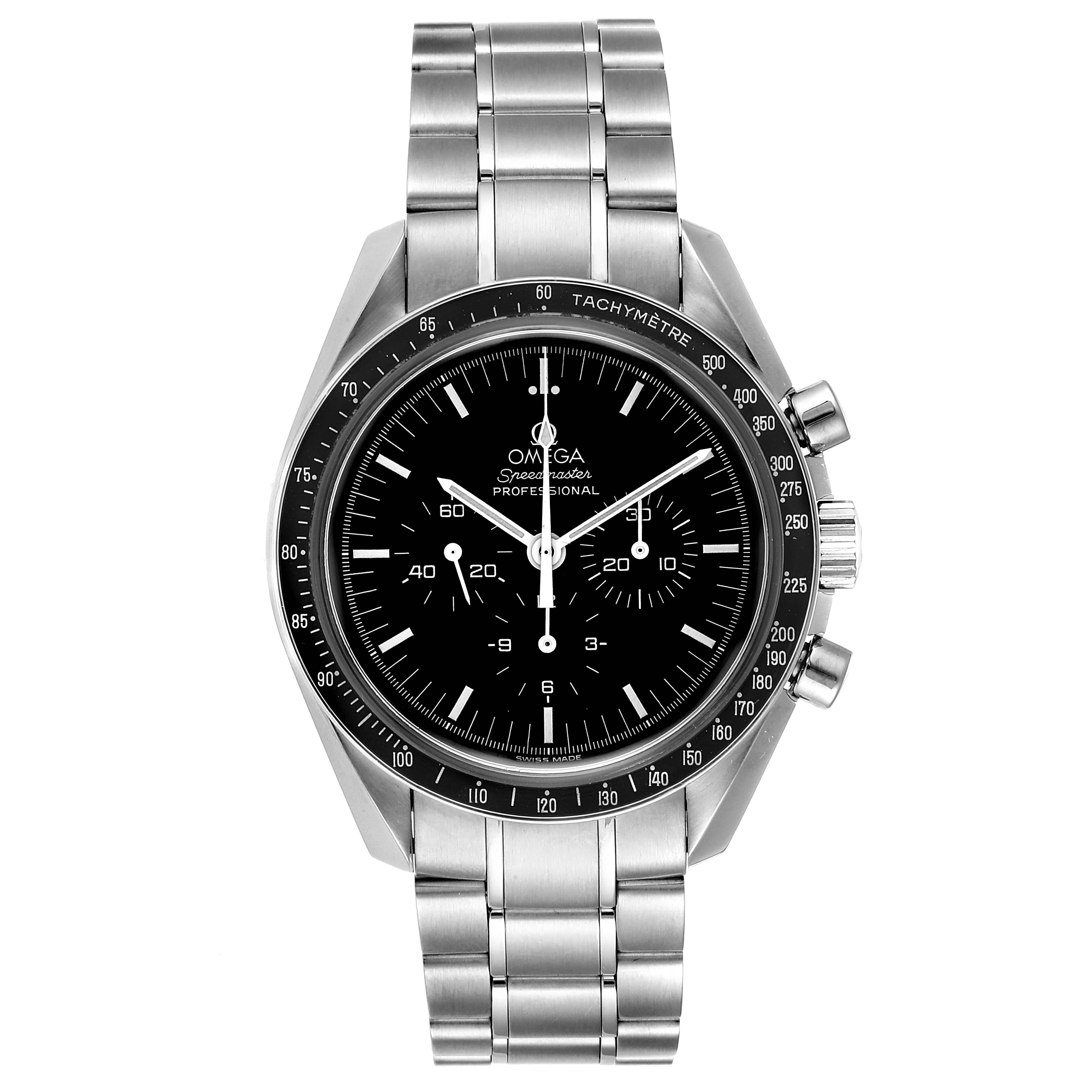 The image shows the front view of an Omega Speedmaster 3570.50.00 Men
s Stainless Steel Black Dial 3570.50.00 Men
s Stainless Steel Black Dial watch, displaying its dial, bracelet, and tachymeter.