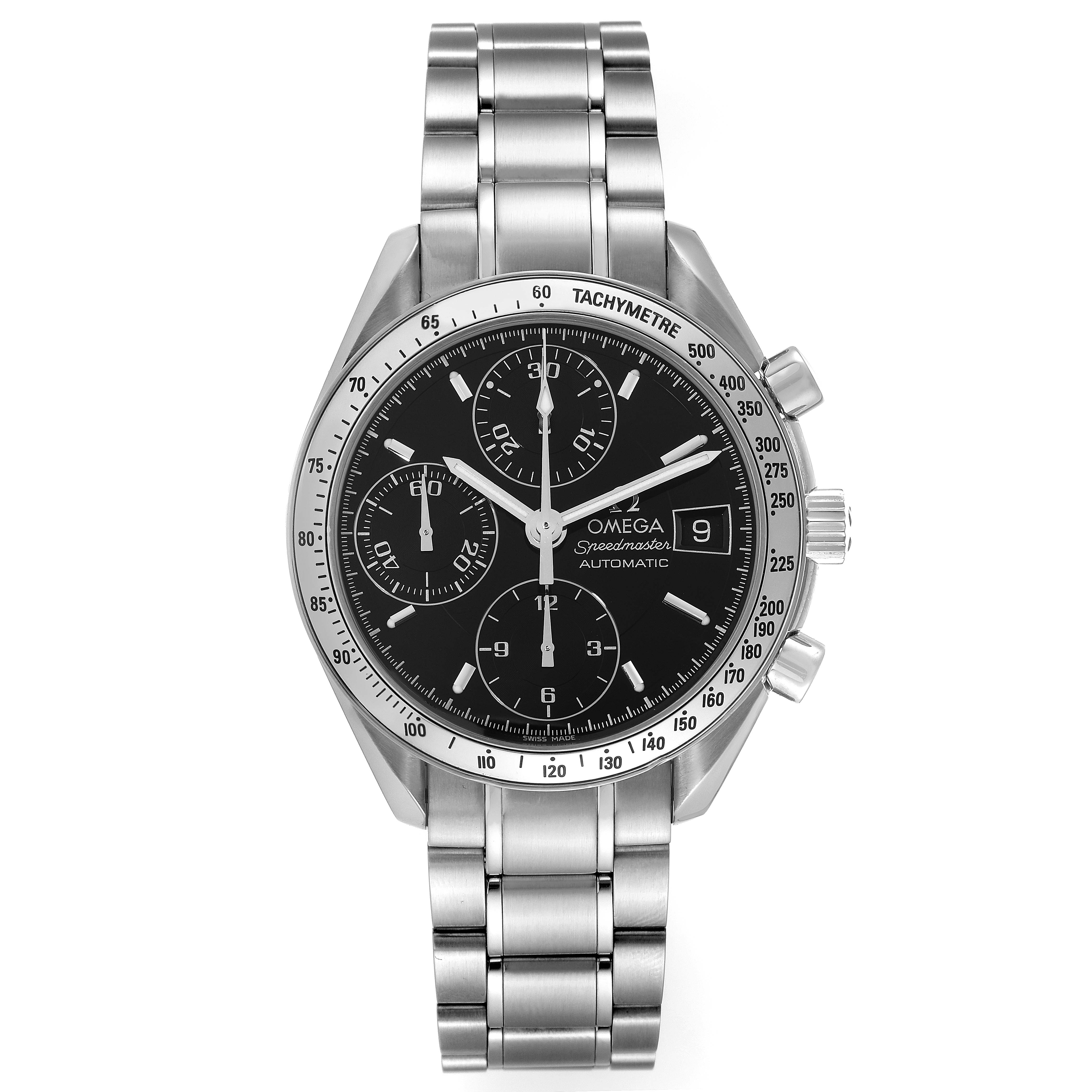 The image shows a front view of the Omega Speedmaster 3513.50.00 Men's Stainless Steel Black Dial 3513.50.00 Men's Stainless Steel Black Dial watch, highlighting the dial, subdials, tachymeter, and bracelet.