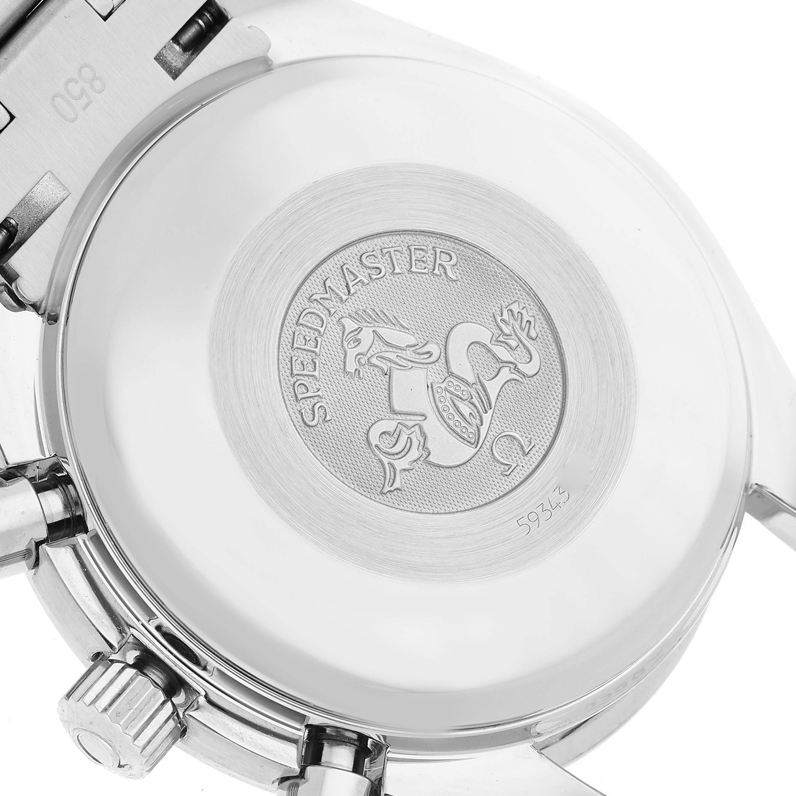 The image shows the case back and part of the clasp of an Omega Speedmaster 3513.50.00 Men's Stainless Steel Black Dial 3513.50.00 Men's Stainless Steel Black Dial watch, viewed from the rear.