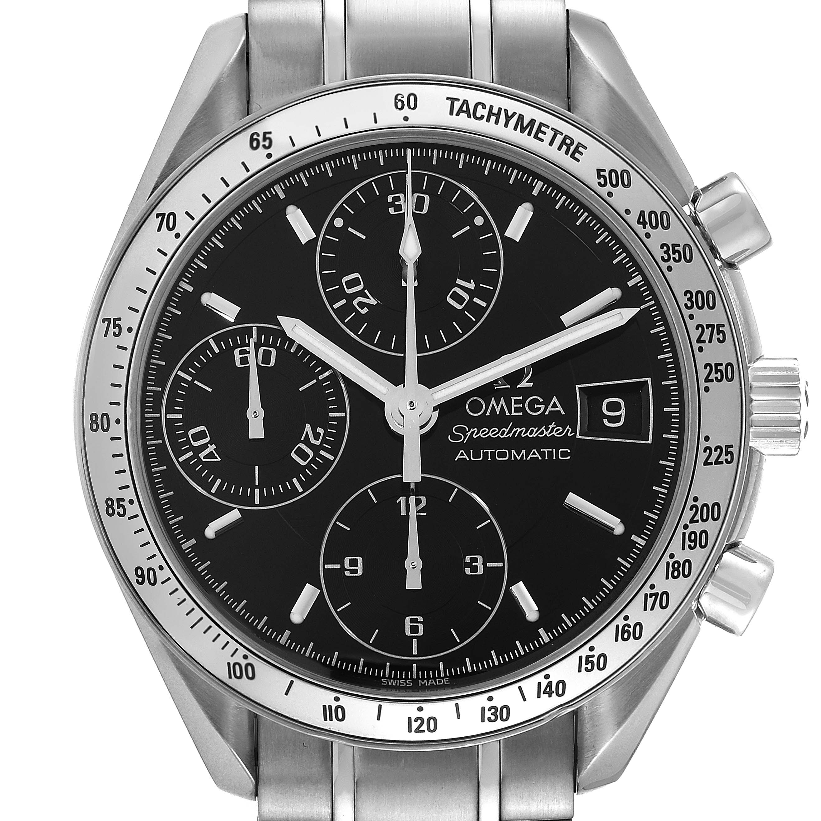 The image shows a front view of an Omega Speedmaster 3513.50.00 Men's Stainless Steel Black Dial 3513.50.00 Men's Stainless Steel Black Dial watch, highlighting the dial, chronograph subdials, date window, and tachymeter bezel.