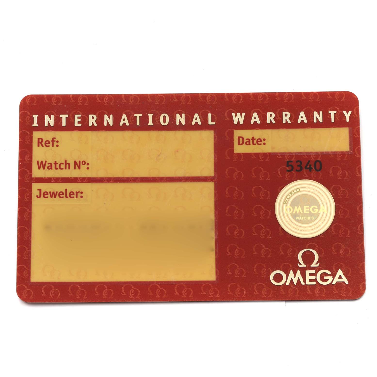 Displayed is an Omega International Warranty card for the Speedmaster model, showing fields for reference, watch number, jeweler, and date.