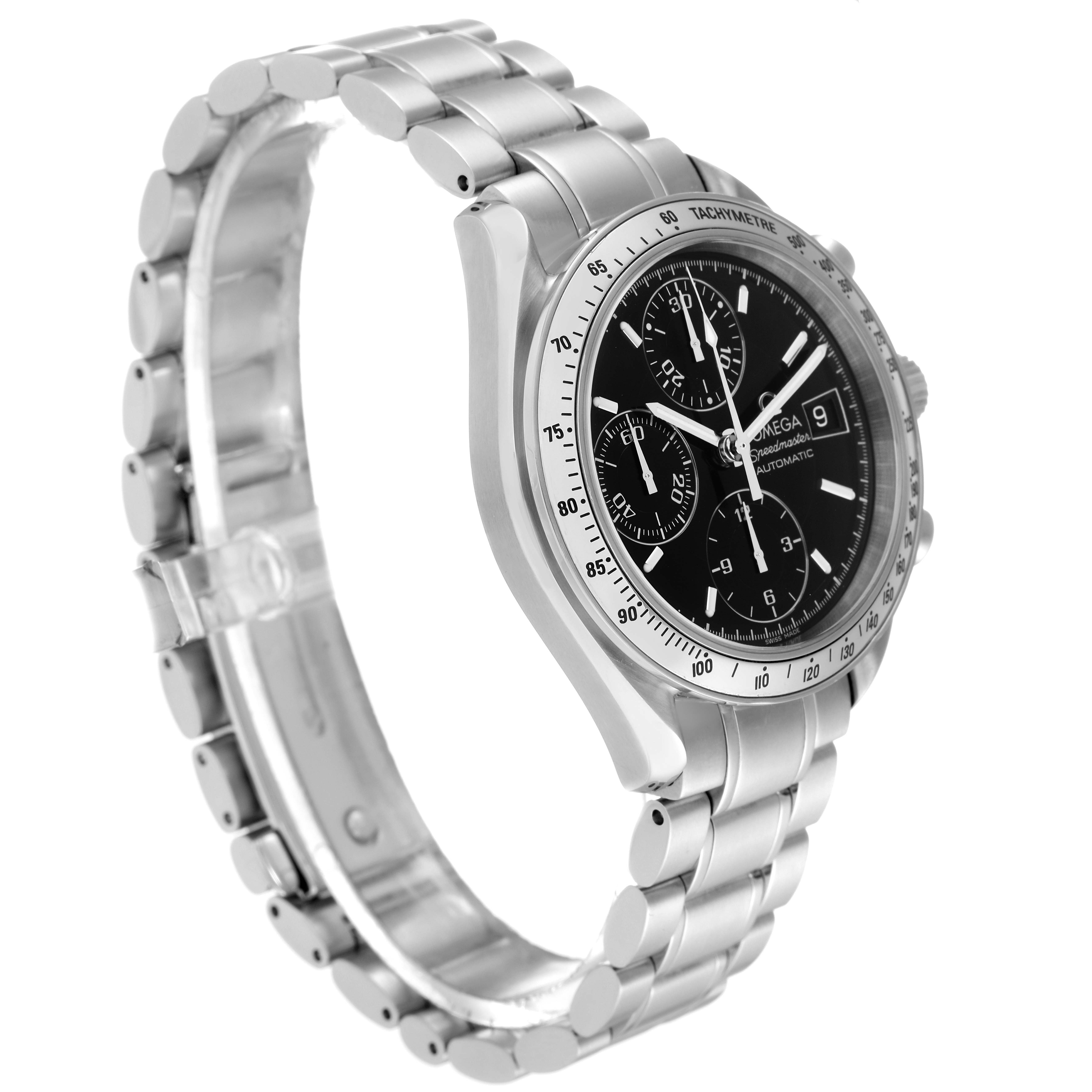 The image shows an Omega Speedmaster 3513.50.00 Men's Stainless Steel Black Dial 3513.50.00 Men's Stainless Steel Black Dial watch featuring its case, bezel, dial, and bracelet at a three-quarter angle.