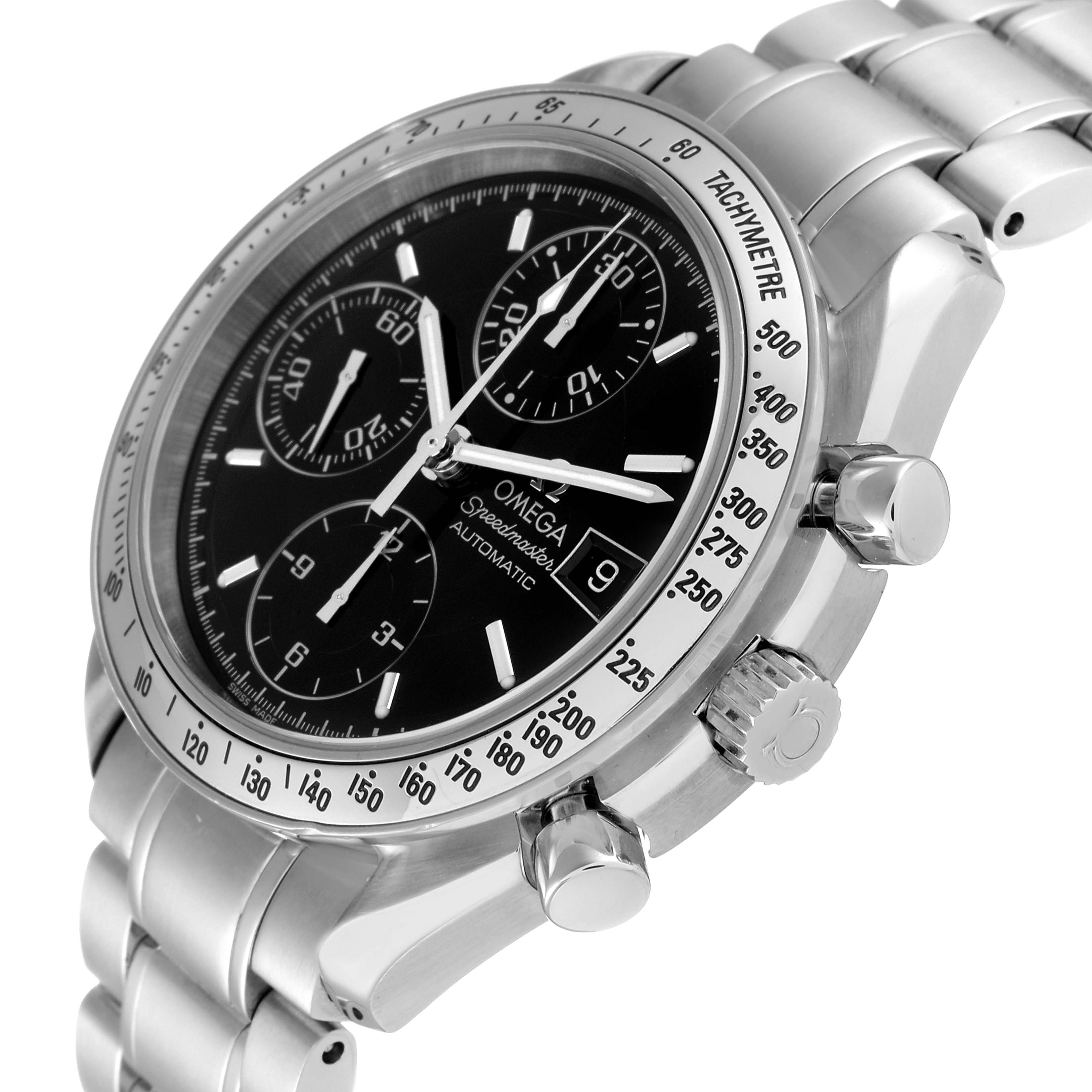 Front 30-degree angle view showing the dial, bezel, pushers, and bracelet of the Omega Speedmaster 3513.50.00 Men's Stainless Steel Black Dial 3513.50.00 Men's Stainless Steel Black Dial watch.