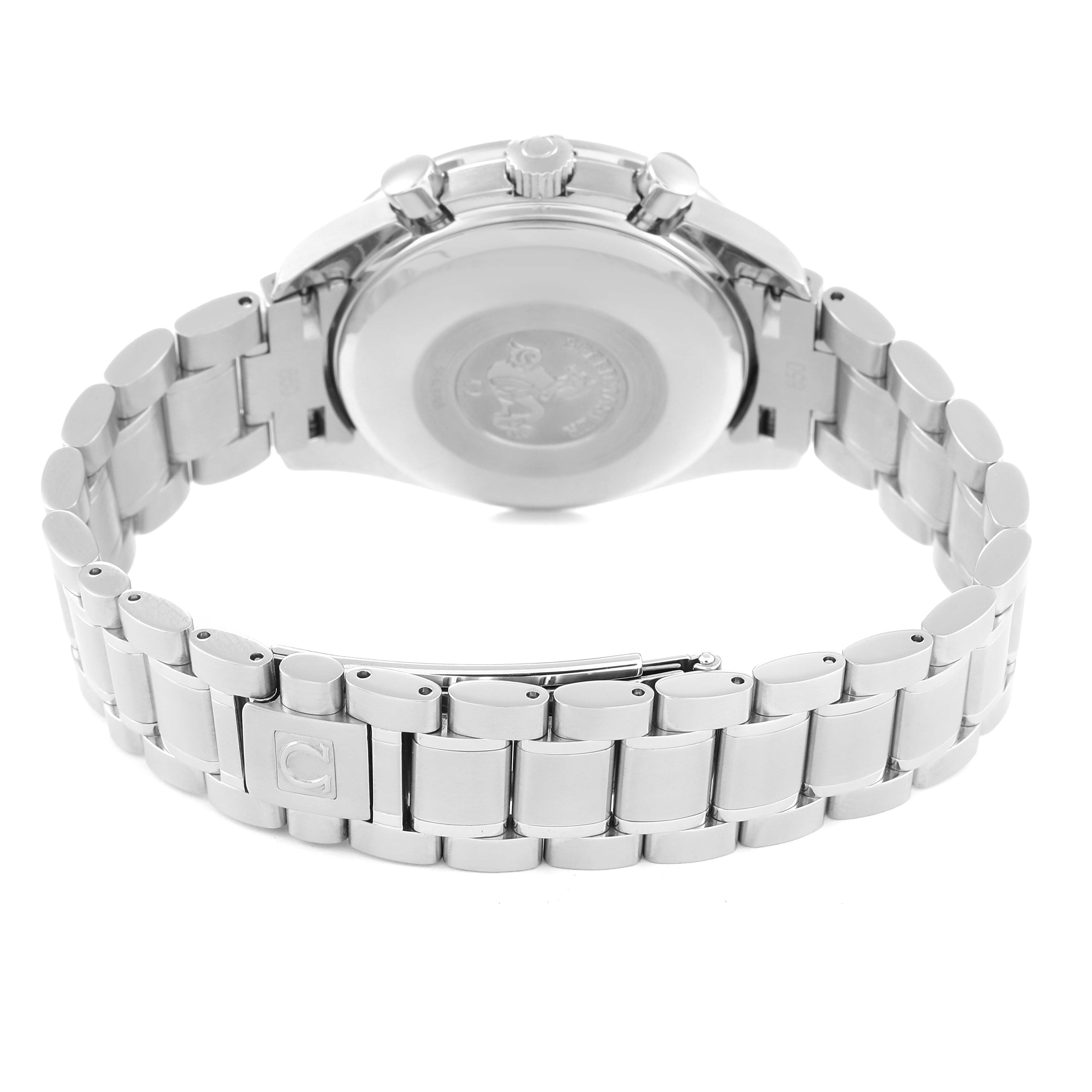 The image shows the back view of an Omega Speedmaster 3513.50.00 Men's Stainless Steel Black Dial 3513.50.00 Men's Stainless Steel Black Dial watch, focusing on the case back, bracelet, and clasp.