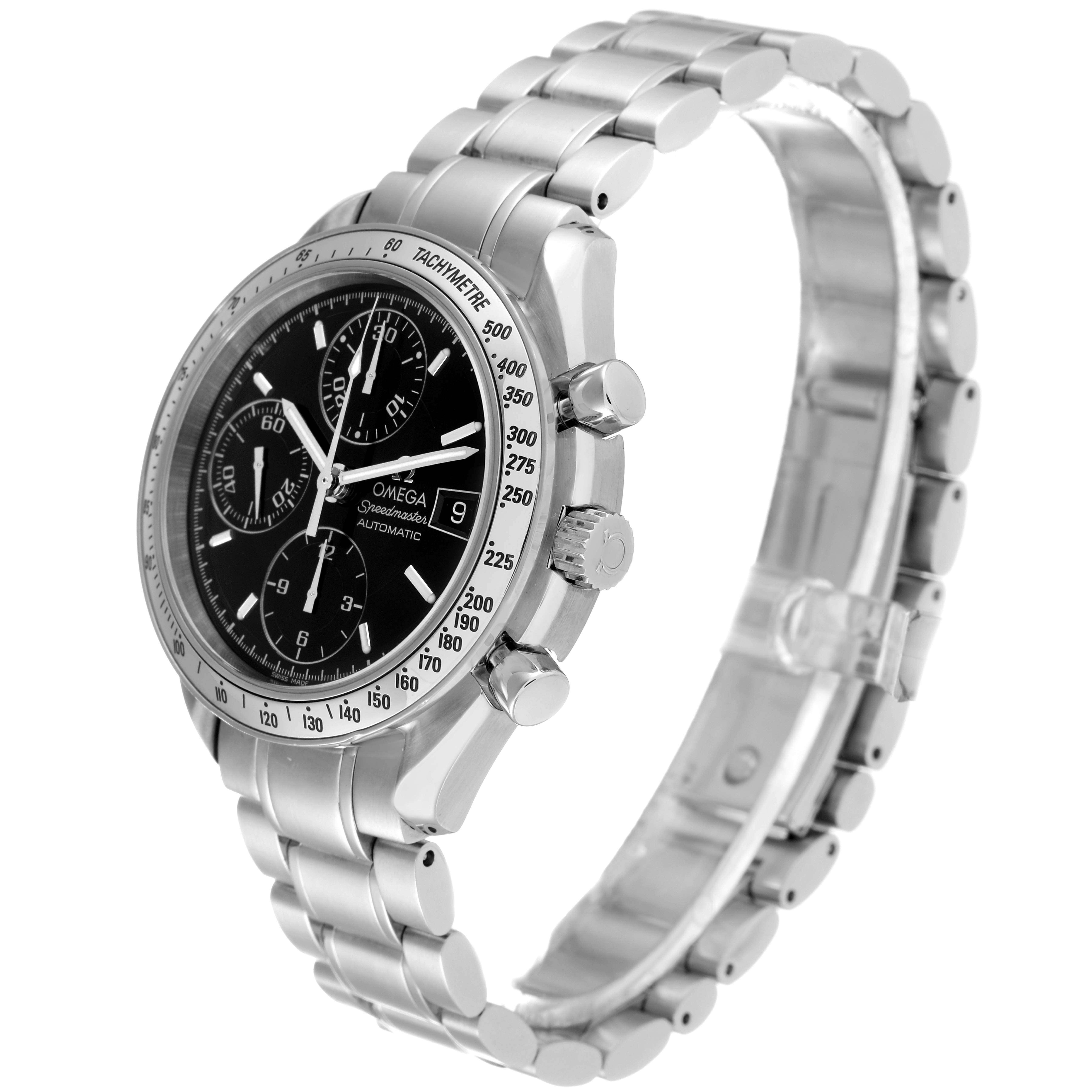The Omega Speedmaster 3513.50.00 Men's Stainless Steel Black Dial 3513.50.00 Men's Stainless Steel Black Dial watch is shown at a three-quarter angle, highlighting its face, bezel, crown, and stainless steel bracelet.
