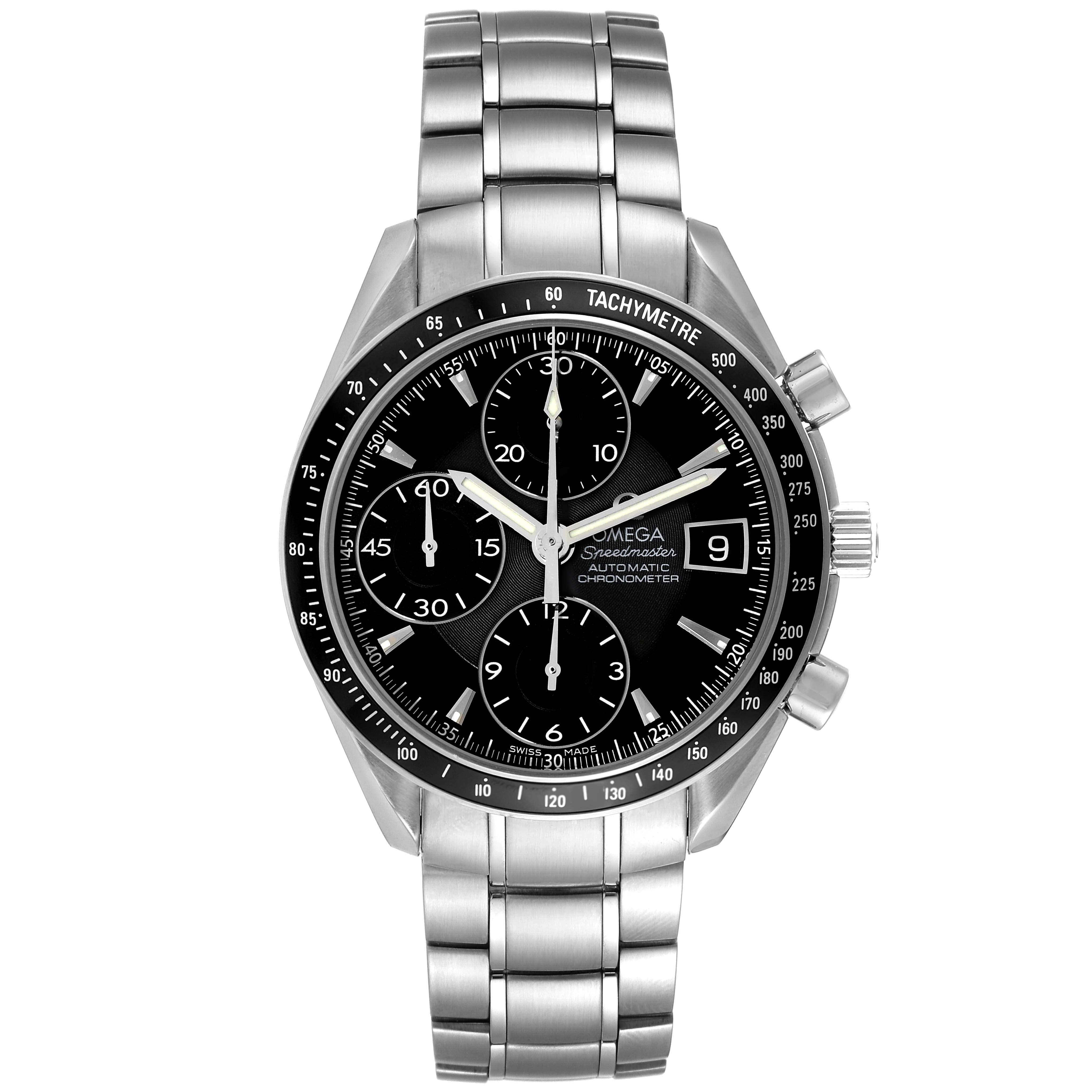 This is a front view of an Omega Speedmaster 3210.50.00 Men's Stainless Steel Black Dial 3210.50.00 Men's Stainless Steel Black Dial watch, showcasing its dial, bezel, and stainless steel bracelet.