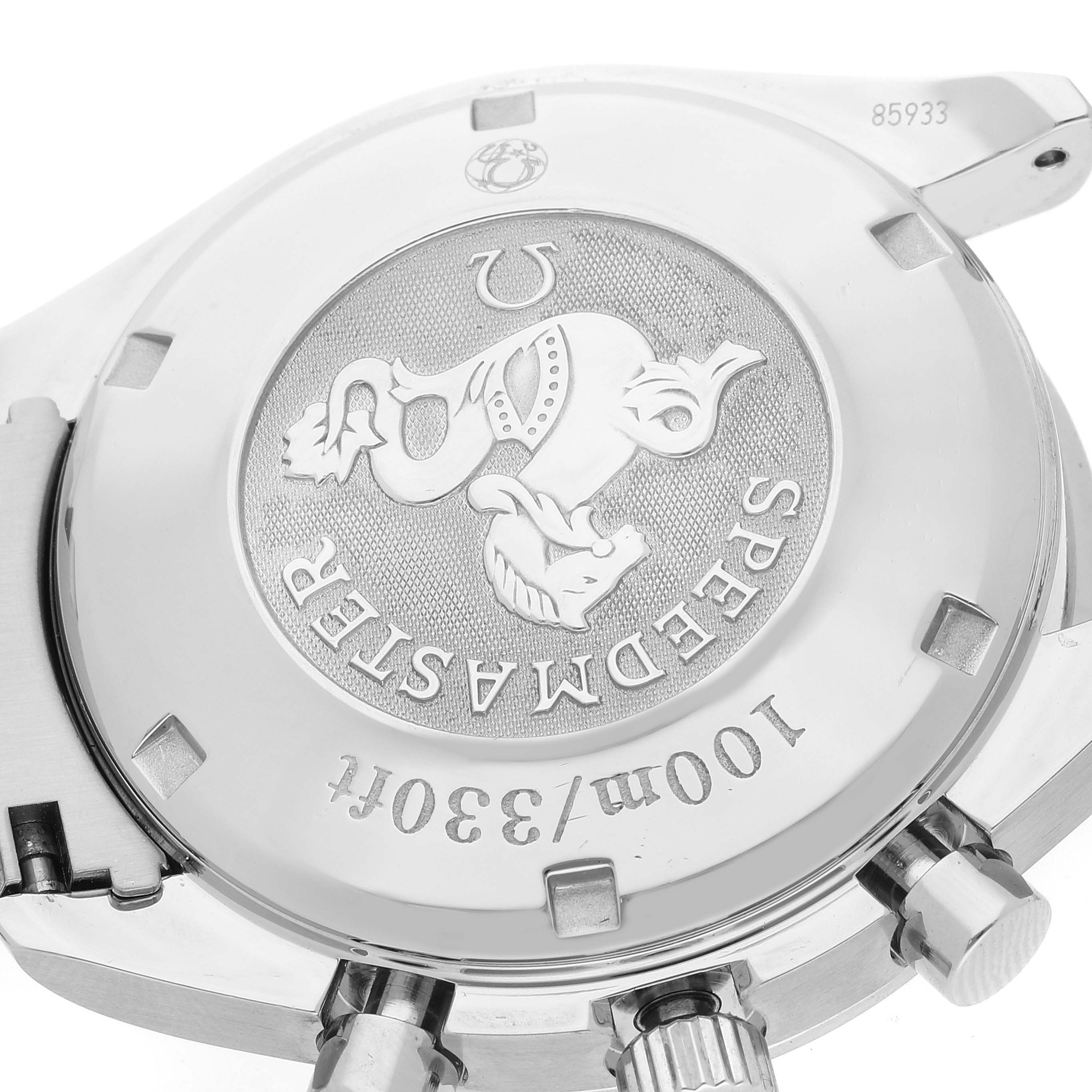 This image shows the case back and side view of an Omega Speedmaster 3210.50.00 Men's Stainless Steel Black Dial 3210.50.00 Men's Stainless Steel Black Dial watch, highlighting the engraved emblem and water resistance markings.