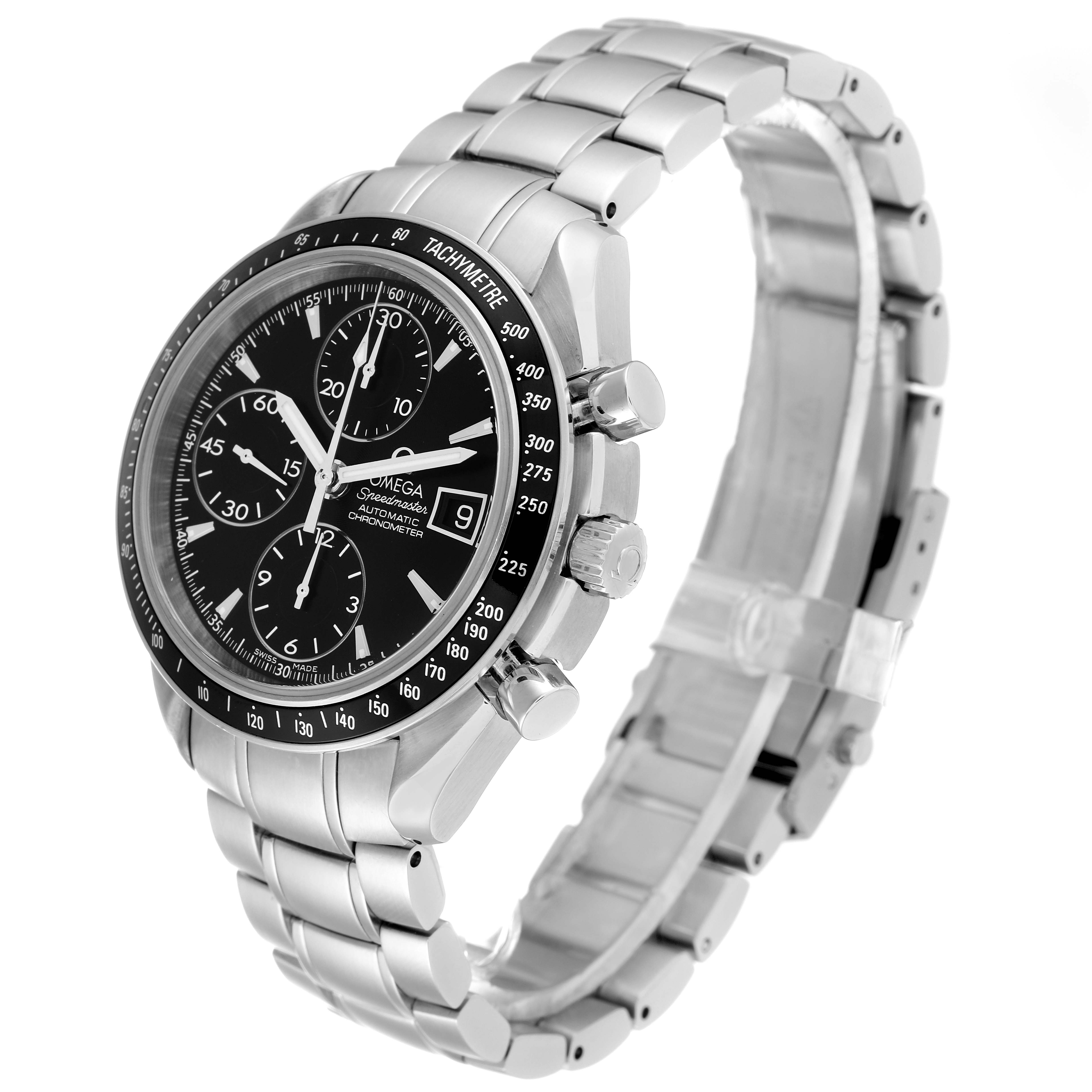 The image shows an Omega Speedmaster 3210.50.00 Men's Stainless Steel Black Dial 3210.50.00 Men's Stainless Steel Black Dial watch at a three-quarter angle, highlighting the dial, bezel, crown, and bracelet.