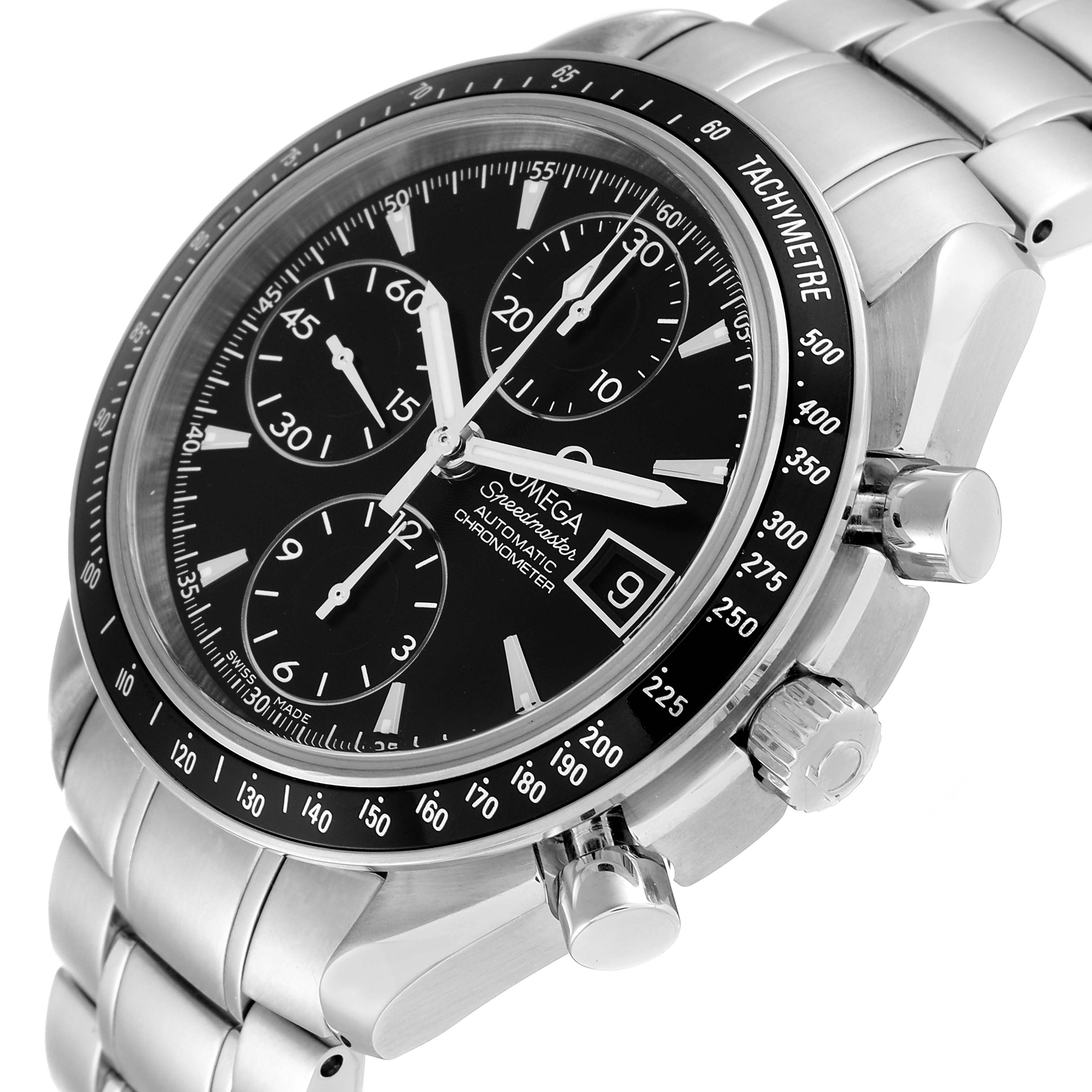 The image shows an angled side view of an Omega Speedmaster 3210.50.00 Men's Stainless Steel Black Dial 3210.50.00 Men's Stainless Steel Black Dial, highlighting the dial, bezels, and crown.