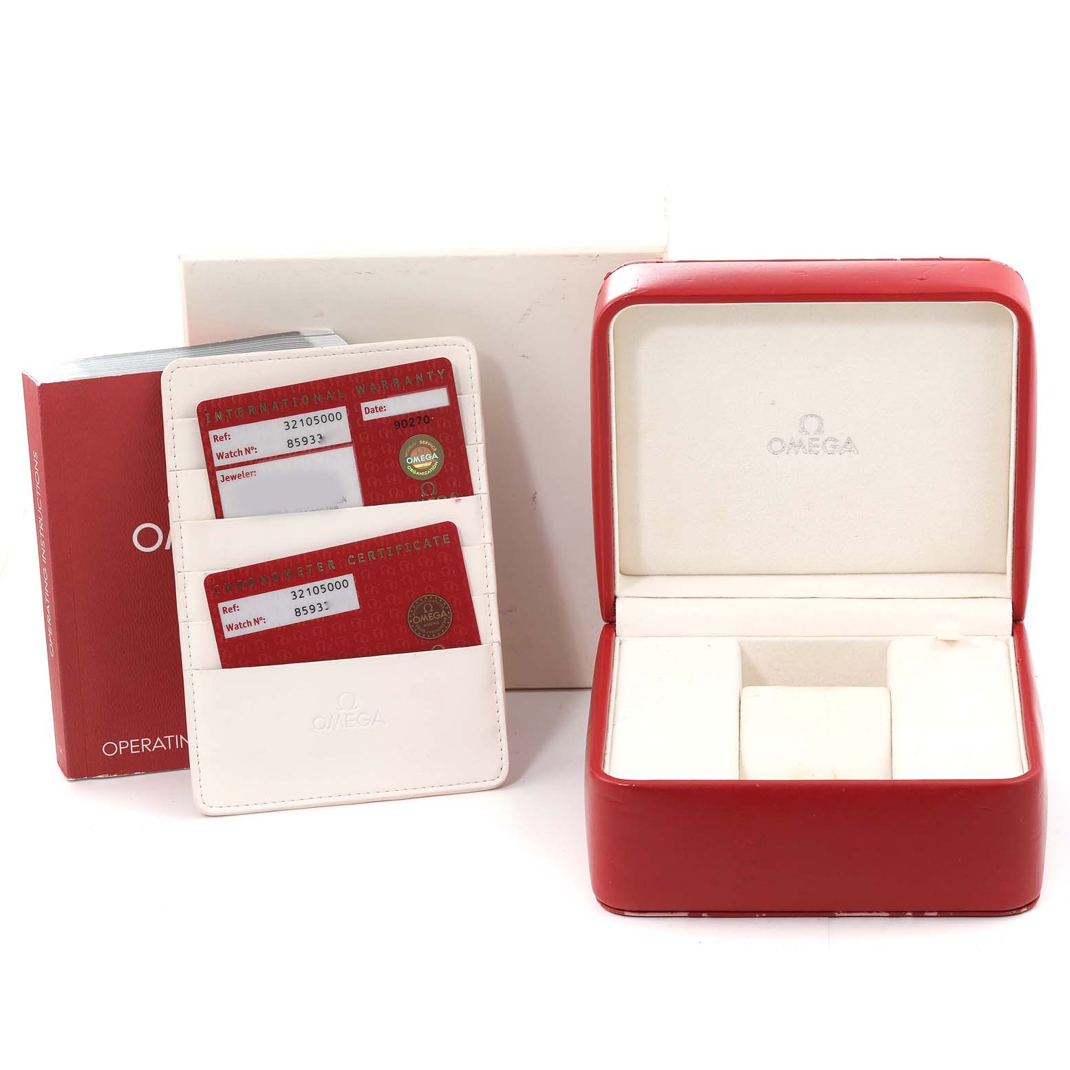 The image shows an Omega Speedmaster 3210.50.00 Men's Stainless Steel Black Dial 3210.50.00 Men's Stainless Steel Black Dial watch box, warranty cards, and an operating manual from a front angle.