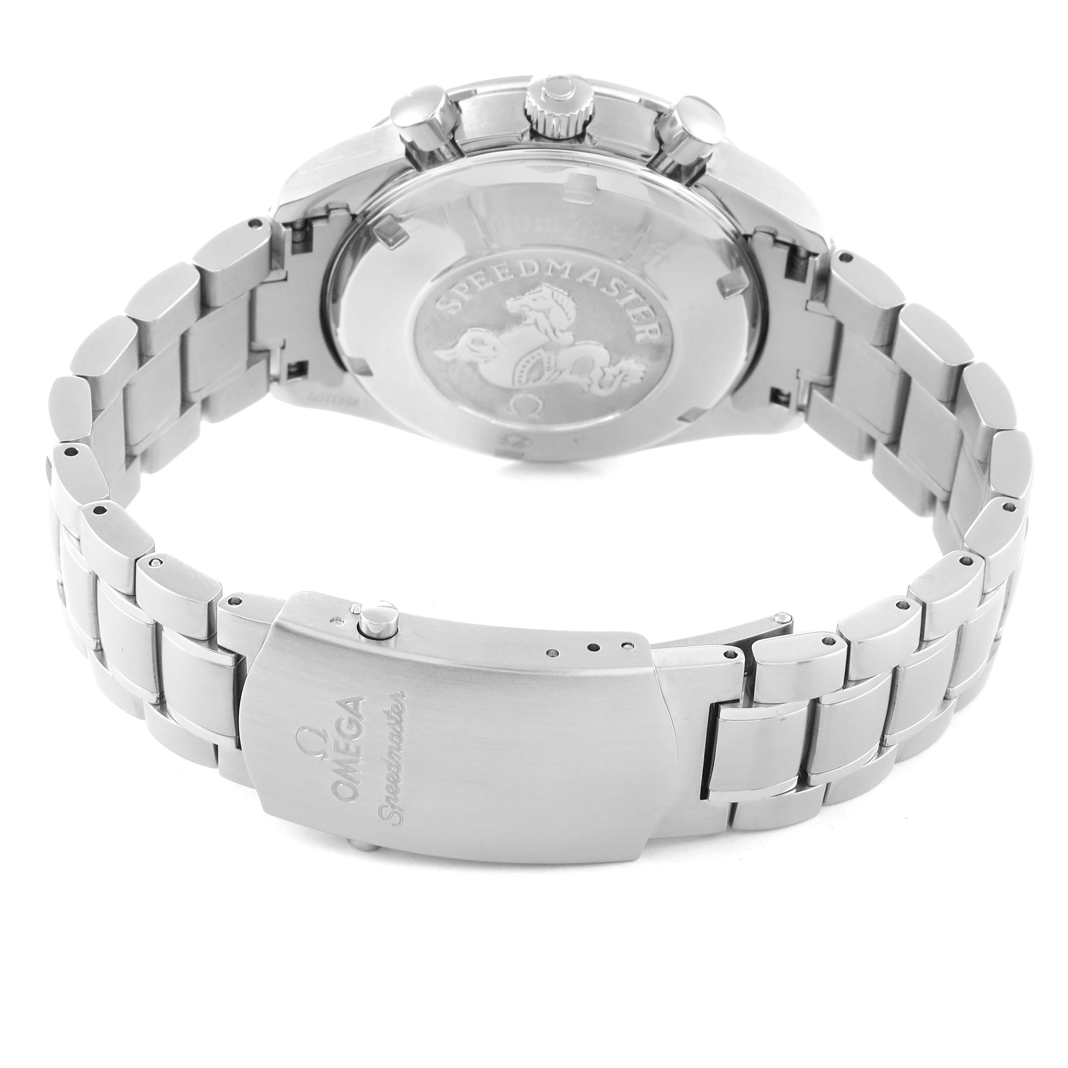 The image shows the clasp, bracelet, and case back of an Omega Speedmaster 3210.50.00 Men's Stainless Steel Black Dial 3210.50.00 Men's Stainless Steel Black Dial watch from a rear angle.