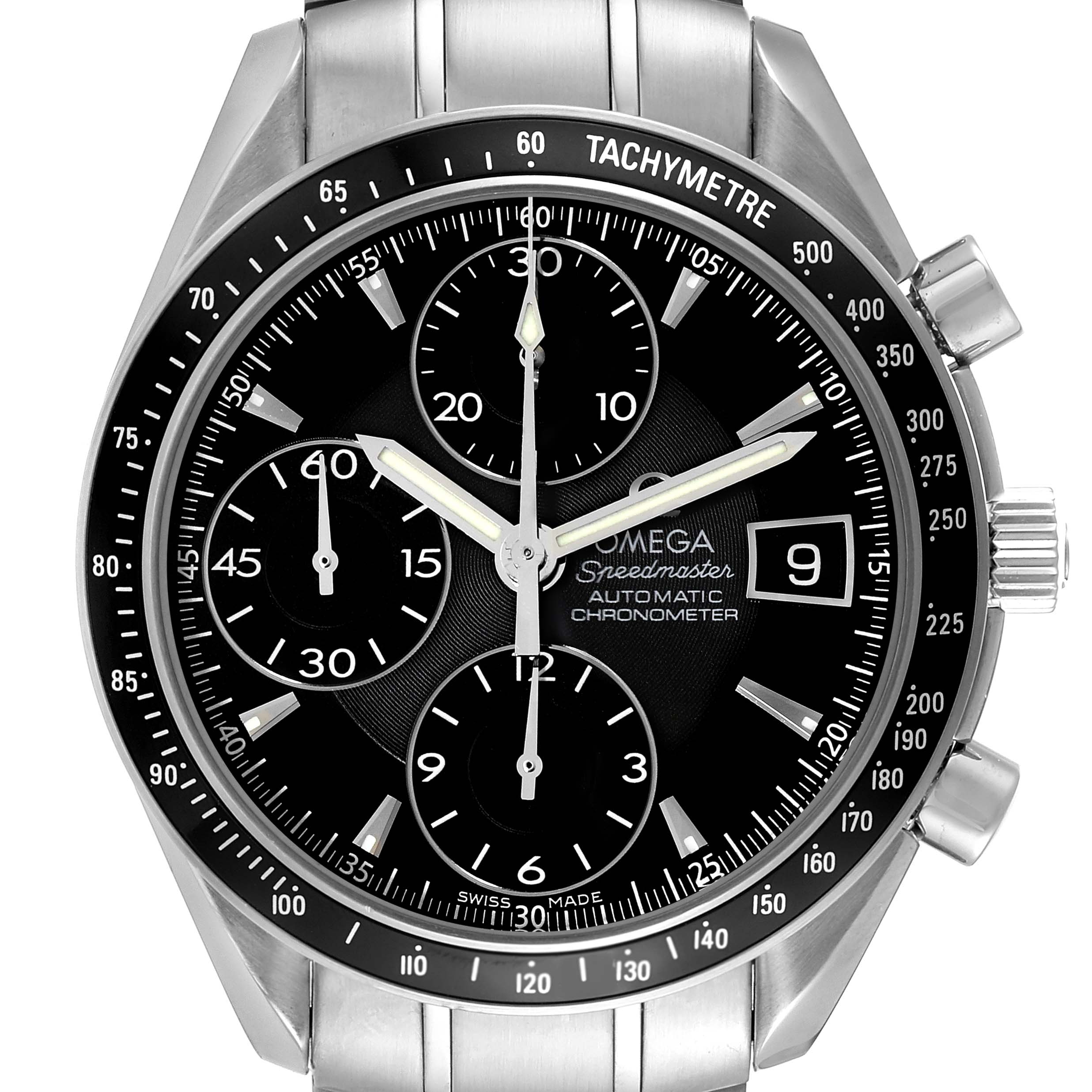 This image shows a front view of an Omega Speedmaster 3210.50.00 Men's Stainless Steel Black Dial 3210.50.00 Men's Stainless Steel Black Dial watch, highlighting its dial, subdials, and tachymeter bezel.