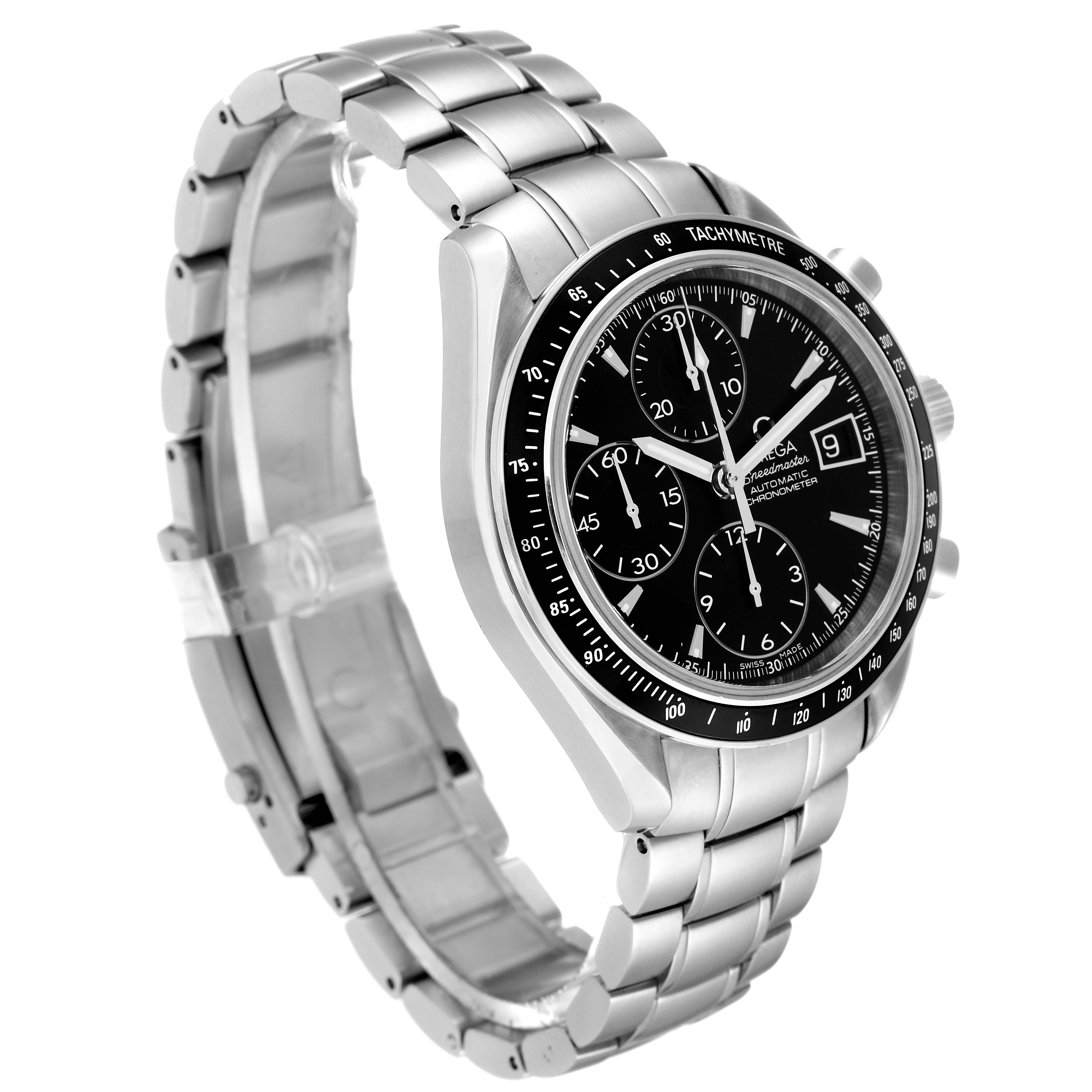 The image shows an Omega Speedmaster 3210.50.00 Men's Stainless Steel Black Dial 3210.50.00 Men's Stainless Steel Black Dial watch at a three-quarter angle, highlighting the dial, tachymeter bezel, and stainless steel bracelet.