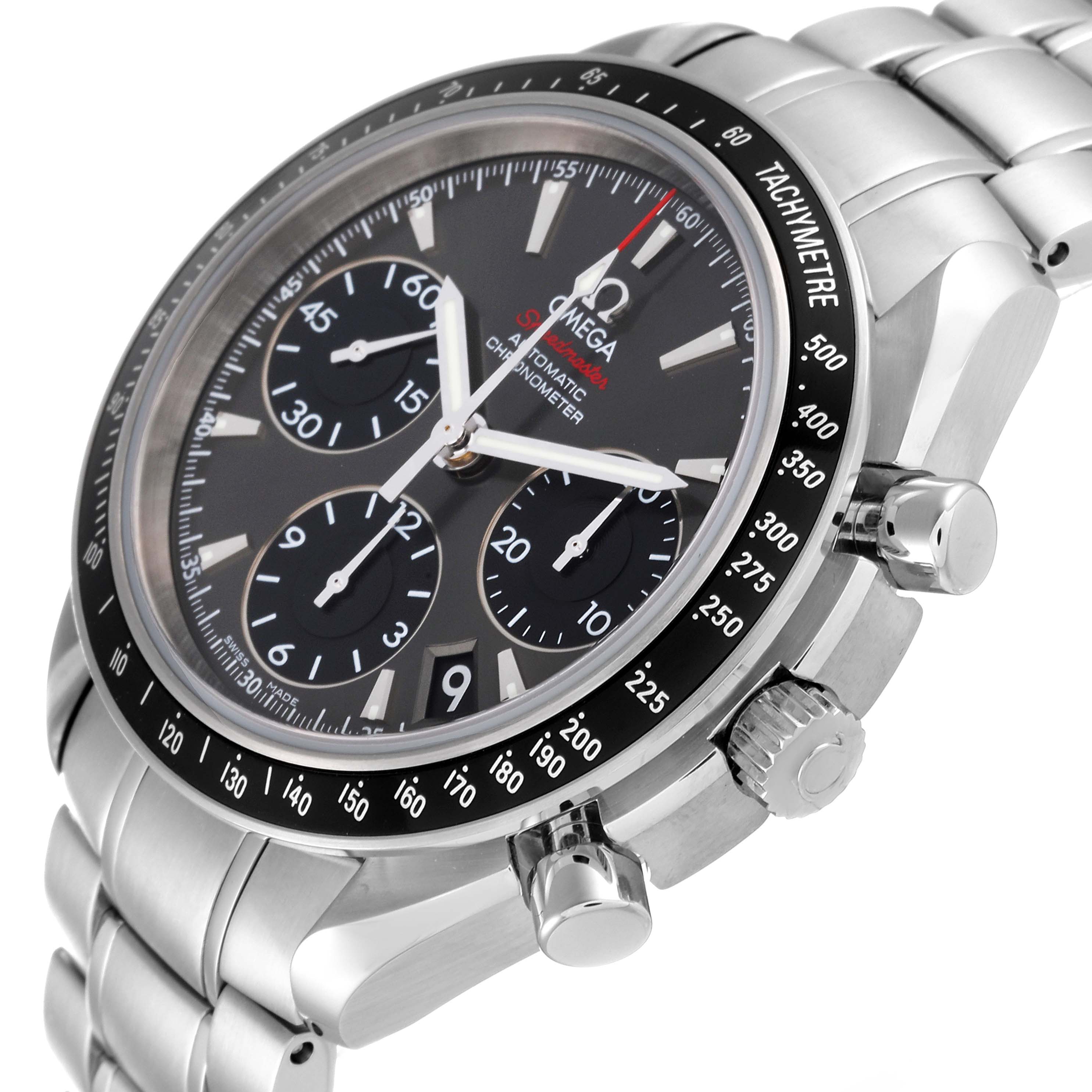 The image shows a side view of the Omega Speedmaster 323.30.40.40.06.001 Men's Stainless Steel Grey Dial 323.30.40.40.06.001 Men's Stainless Steel Grey Dial watch, highlighting the face, tachymeter bezel, pushers, and bracelet.