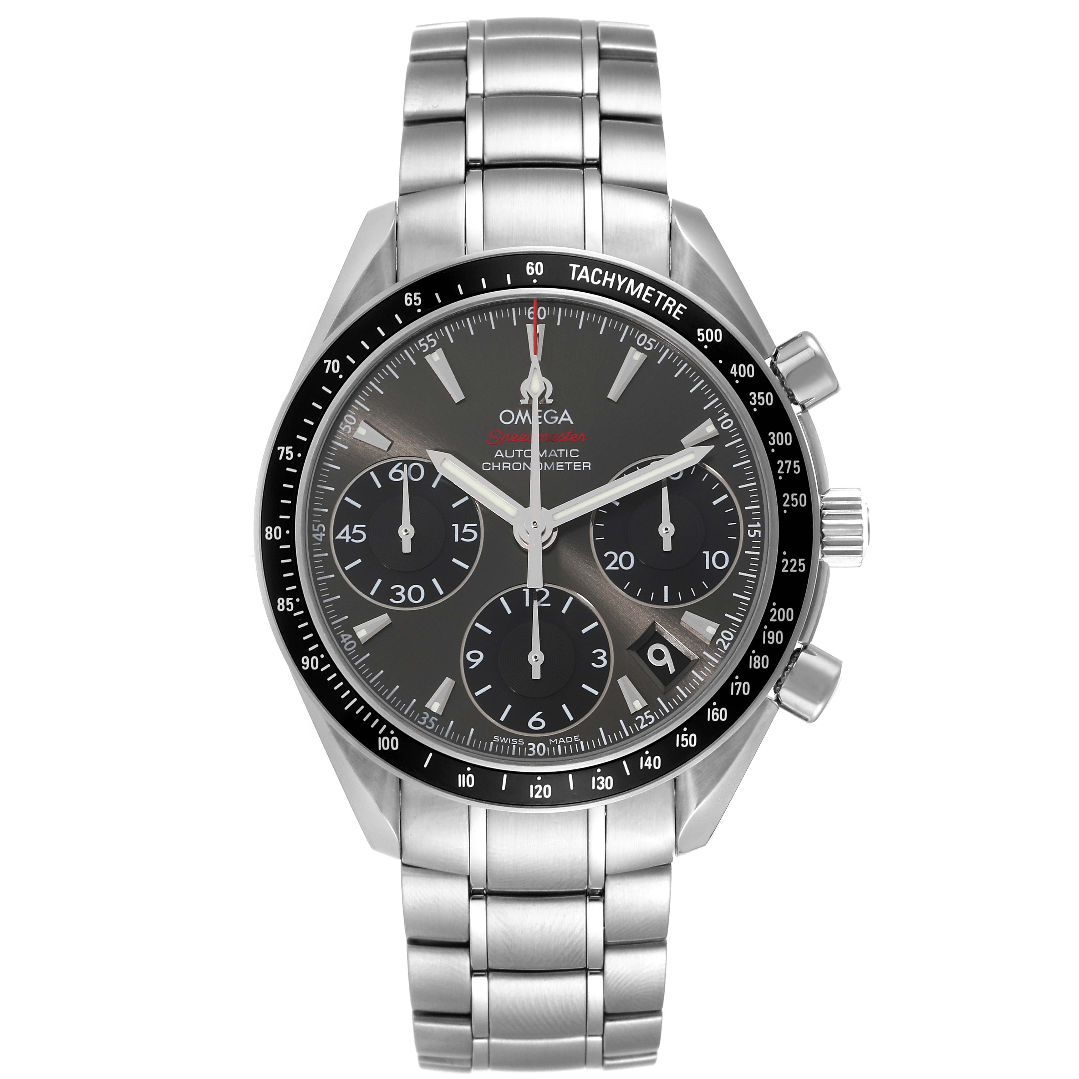 The Omega Speedmaster 323.30.40.40.06.001 Men's Stainless Steel Grey Dial 323.30.40.40.06.001 Men's Stainless Steel Grey Dial watch is shown from a front angle, displaying the face, bezel, and stainless steel bracelet.
