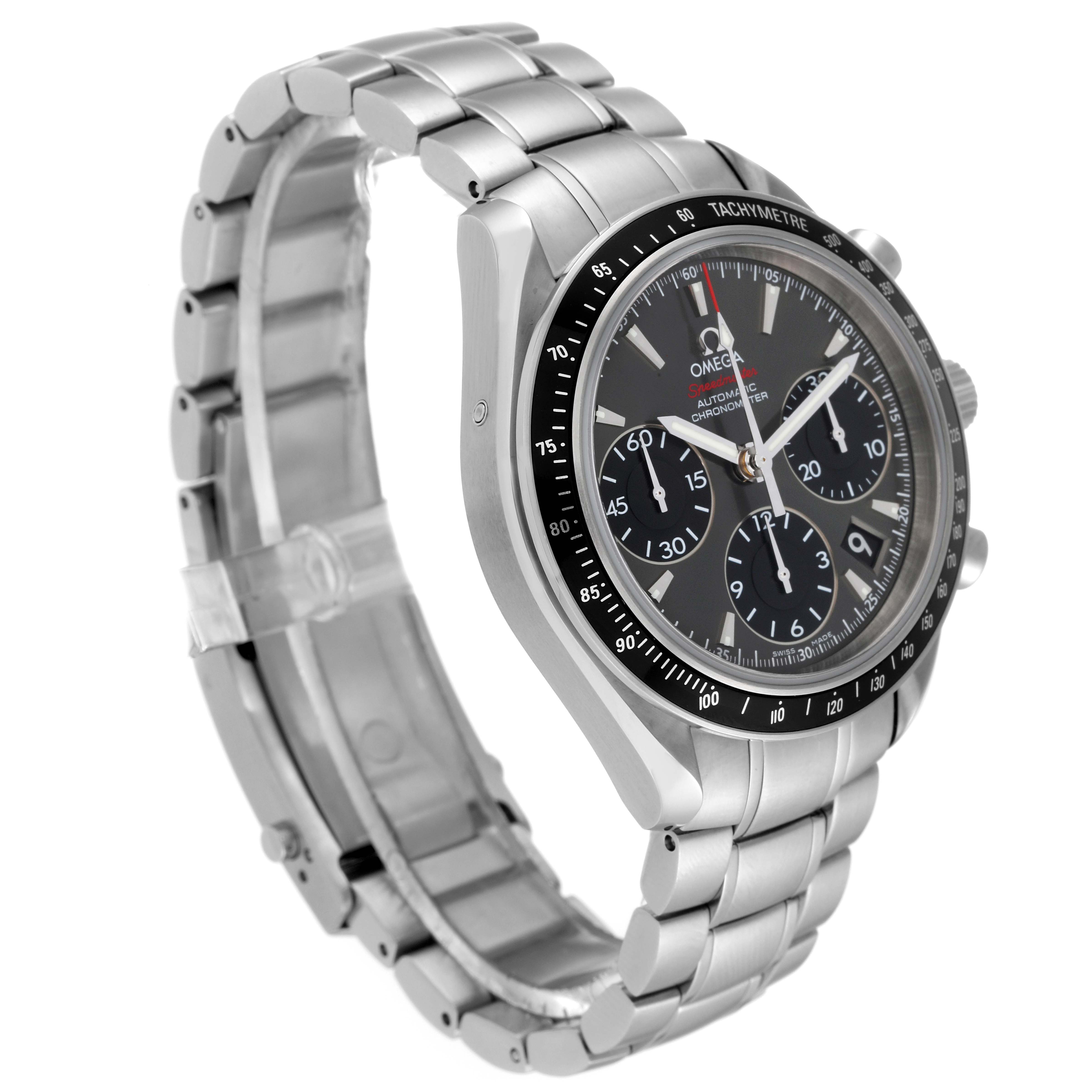 The image showcases an angled side view of the Omega Speedmaster 323.30.40.40.06.001 Men's Stainless Steel Grey Dial 323.30.40.40.06.001 Men's Stainless Steel Grey Dial watch, highlighting its bezel, dial, and metal bracelet.