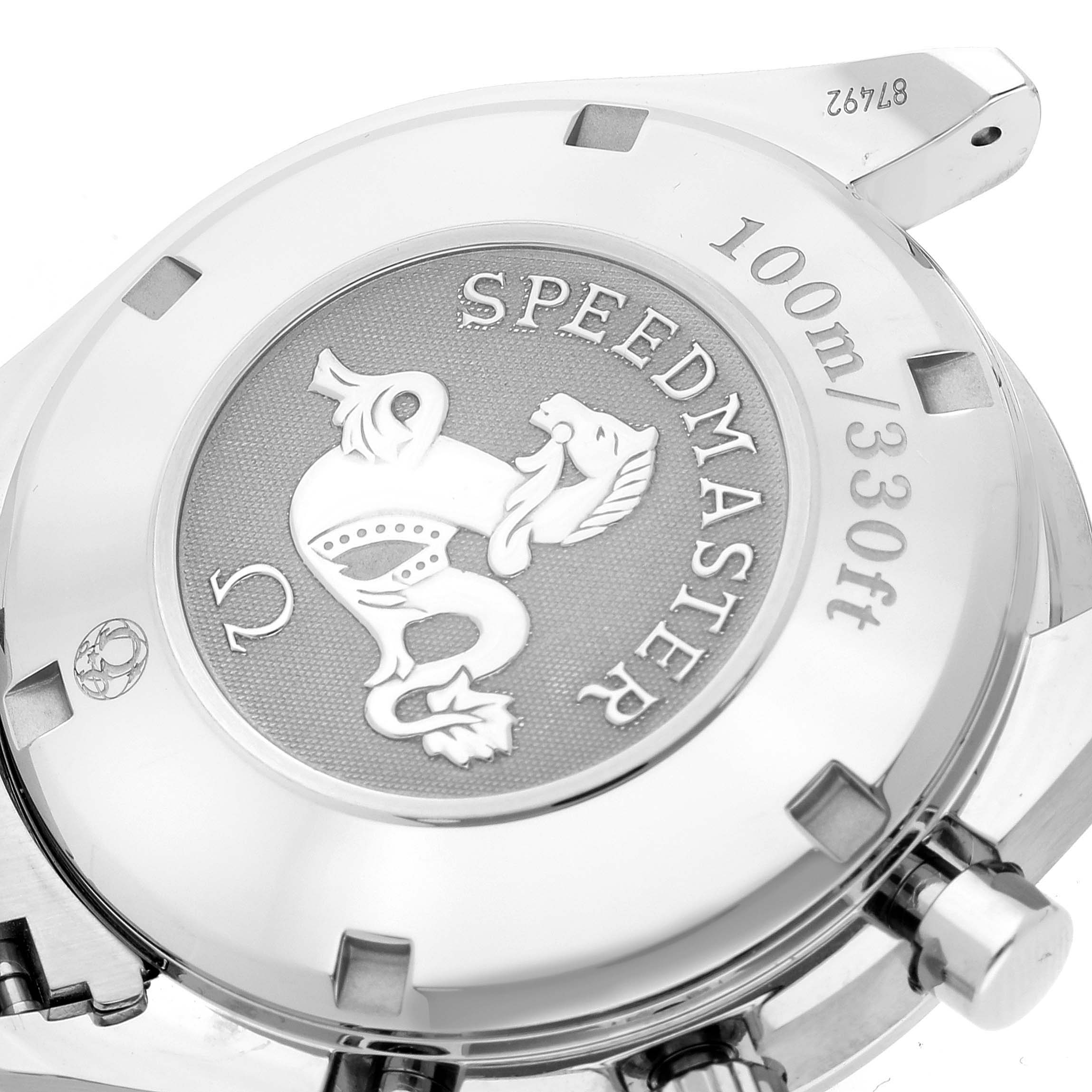 The image shows the back case of the Omega Speedmaster 323.30.40.40.06.001 Men's Stainless Steel Grey Dial 323.30.40.40.06.001 Men's Stainless Steel Grey Dial watch, highlighting its engraving and water resistance rating.